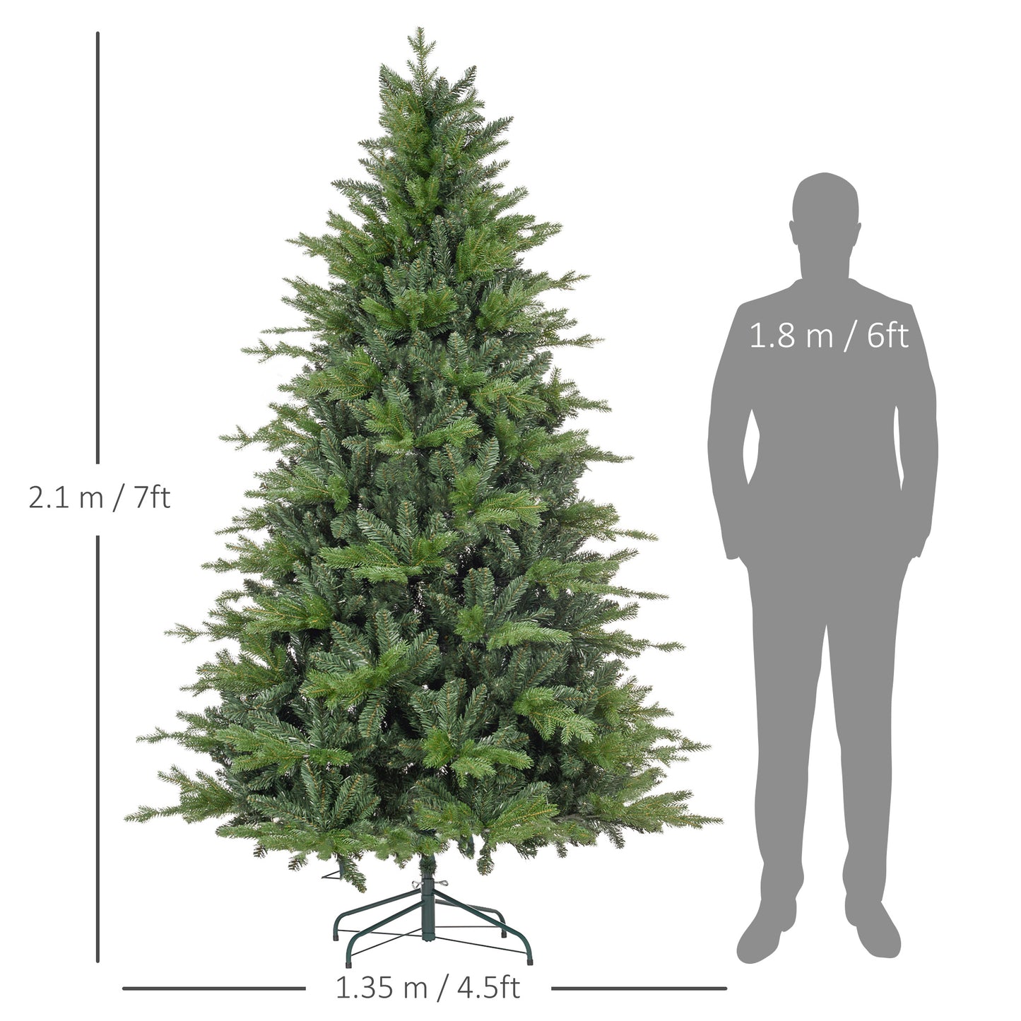 HOMCOM 7ft Lifelike Artificial Christmas Tree with 2445 Tips and Sturdy Metal Base for Home and Office Decor, Green - ALL4U RETAILER LTD