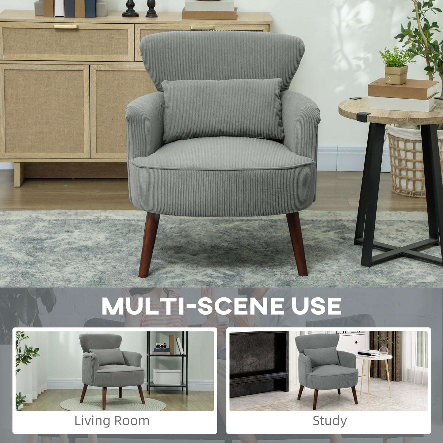 HOMCOM Corduroy Retro Wingback Accent Chair For Small Spaces Light Grey With Soft High Density Foam Padding