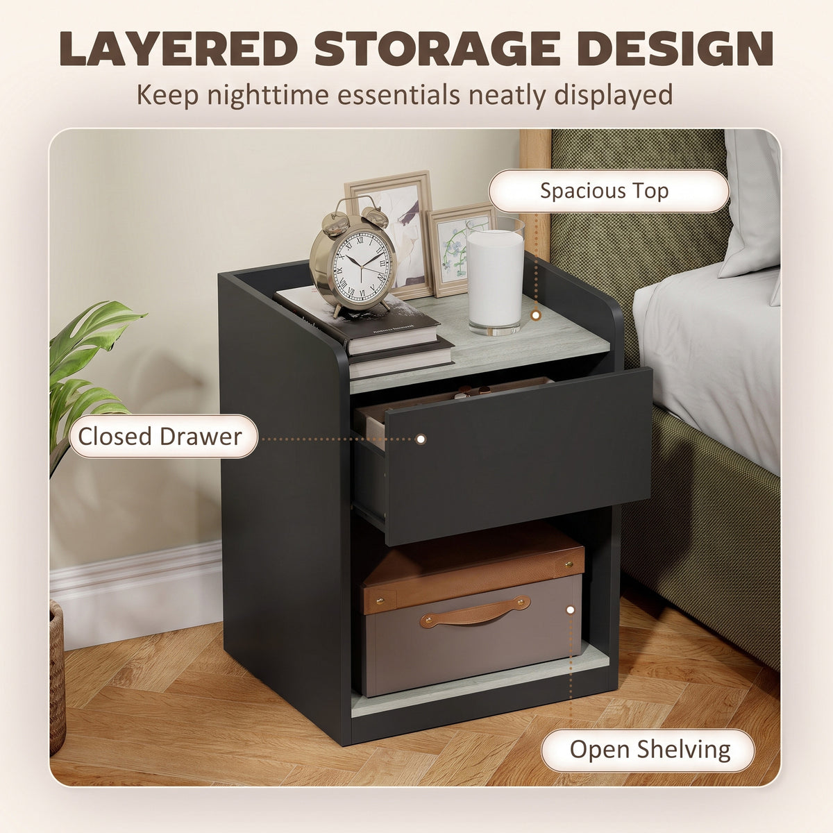 Modern Bedside Nightstand With Drawer Shelf And Cable Holes Grey