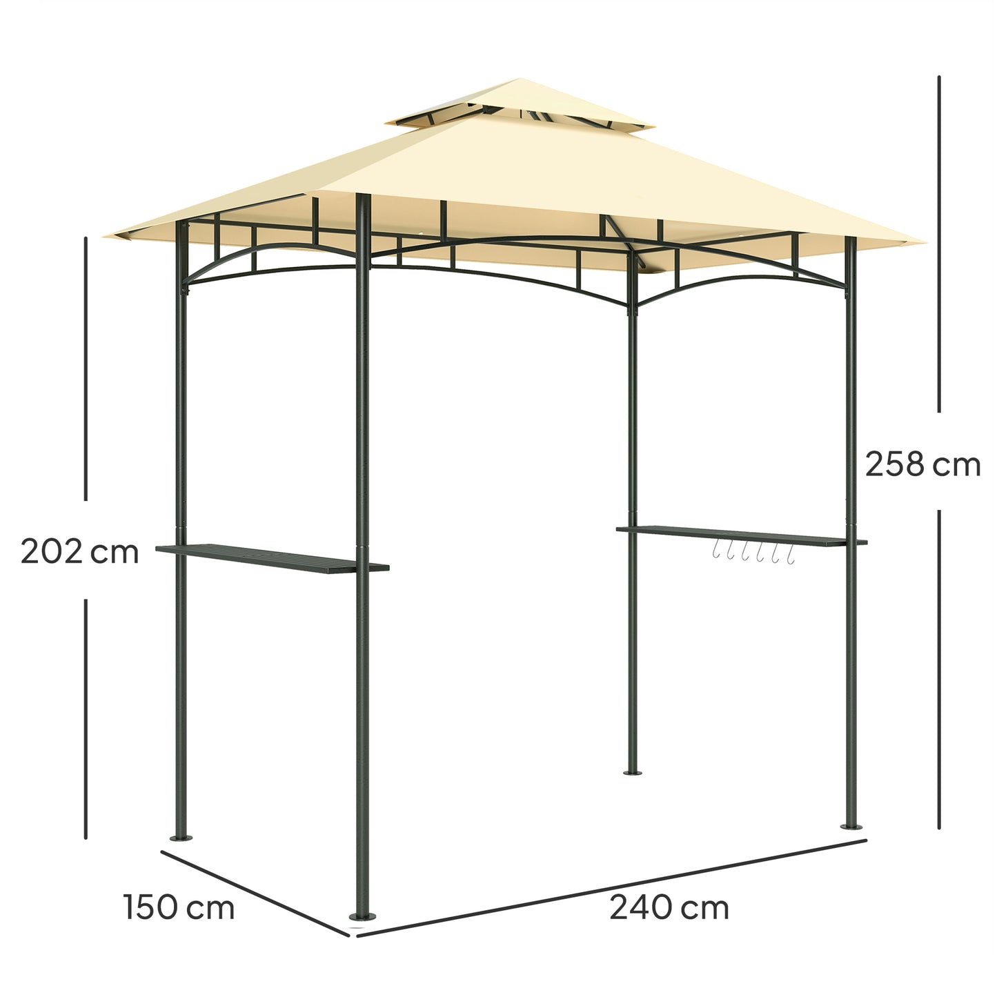 Outsunny 8x5 Grill Gazebo With Double Tiered Canopy And LED Lights 2 Side Shelves Hooks Beige