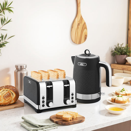 HOMCOM Kettle And Four Slice Toaster Set Black Sleek Textured Kitchen Appliance Pair