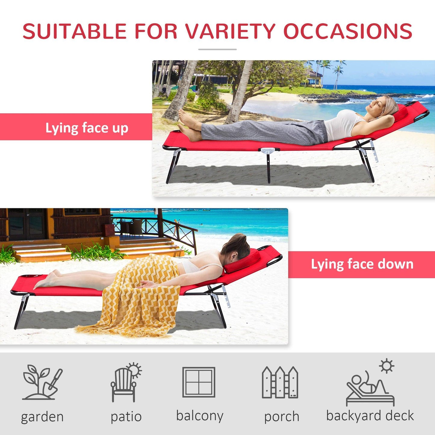 Outsunny Foldable Outdoor Sun Lounger Adjustable Backrest Reclining Chair with Pillow and Reading Hole Garden Beach, Red - ALL4U RETAILER LTD