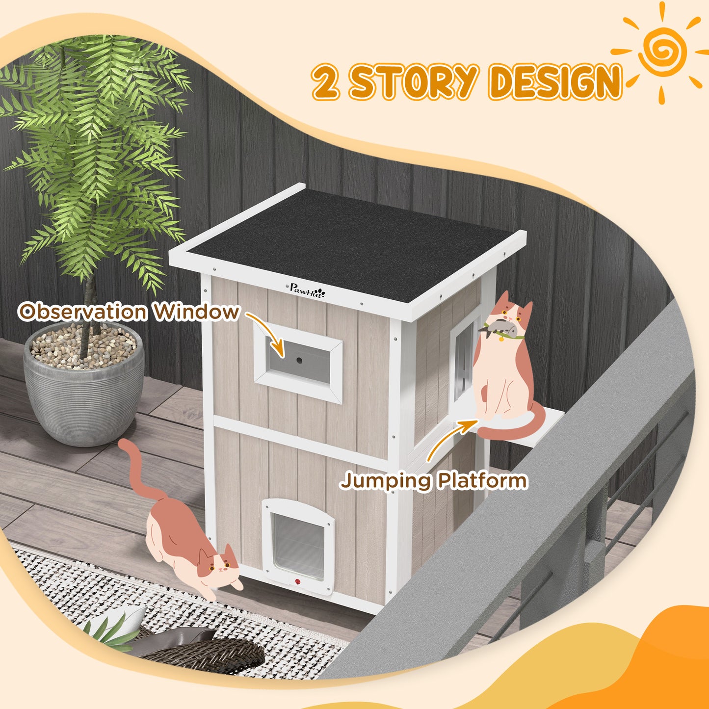 PawHut Light Grey Two-Tiered Wooden Cat Shelter with Escape Doors and Removable Bottom for Outdoor Fun - Ideal for 1-2 Cats - ALL4U RETAILER LTD