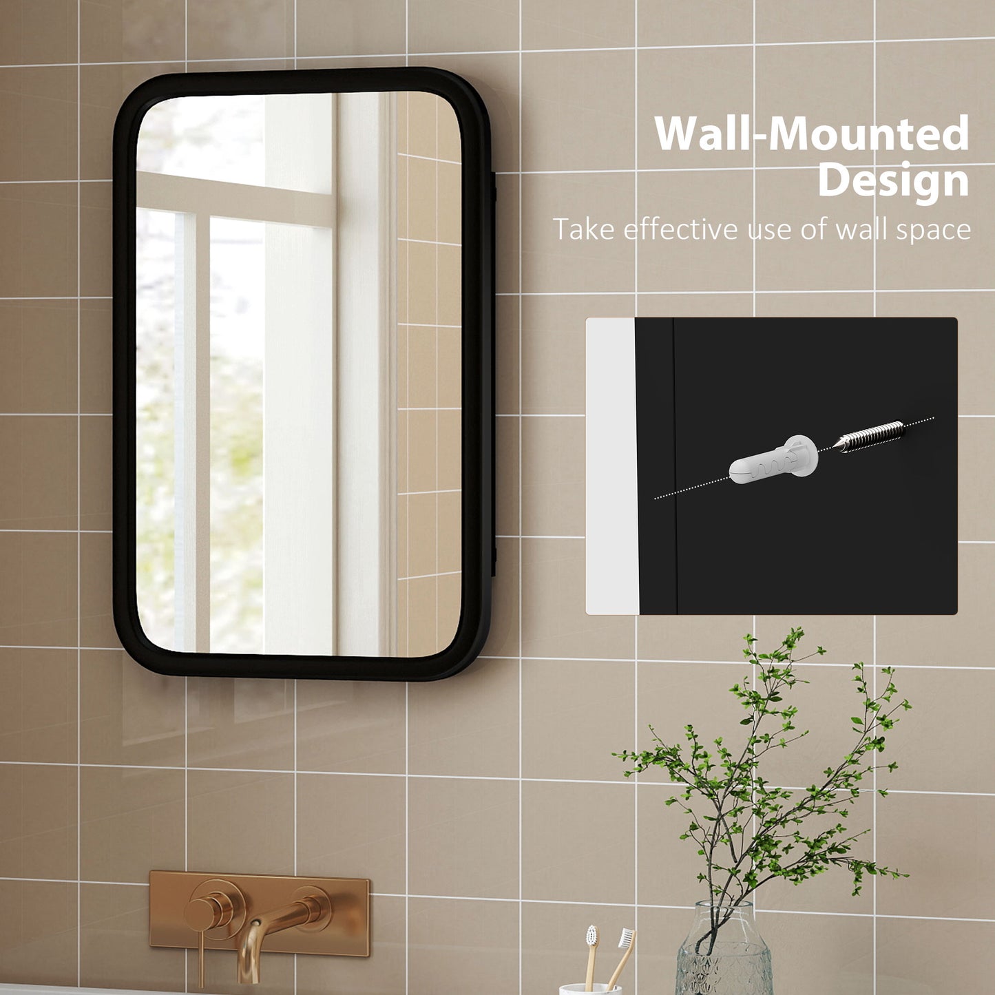 HOMCOM Bathroom Wall Cabinet With Tempered Mirror And Metal Frame For Bathroom Storage 3 Shelves Black