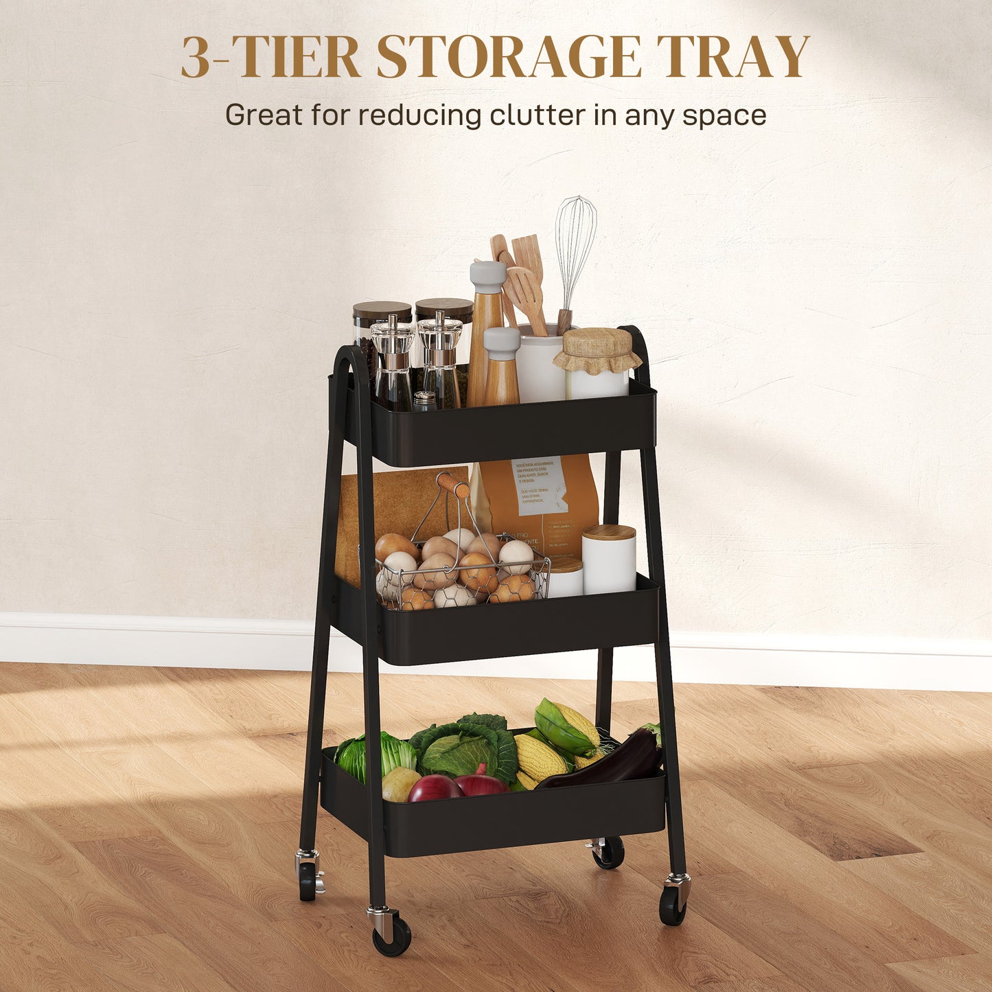 HOMCOM Three Tier Storage Trolley On Wheels With Mesh Bottom Trays For Kitchen Home Office Black