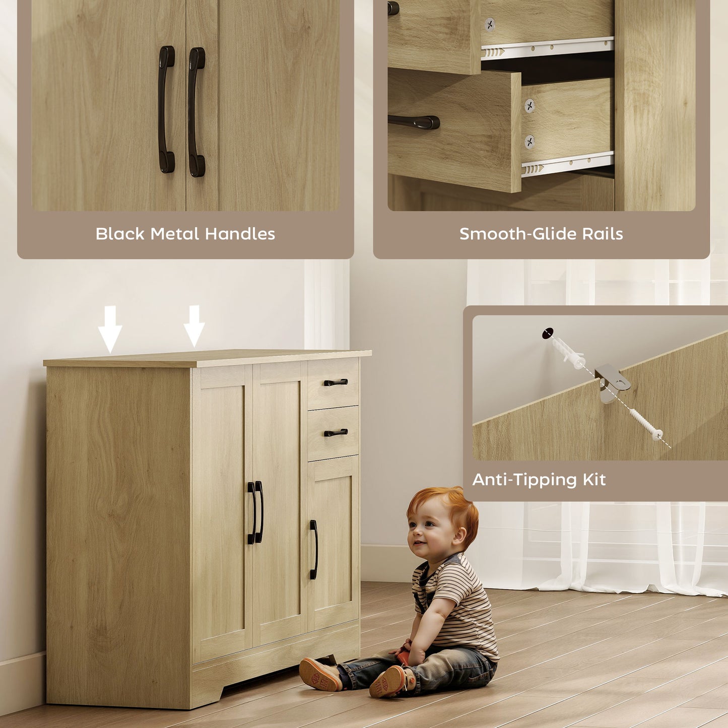 HOMCOM Sideboard With 2 Drawers And 3 Doors Modern Storage Cabinet With Adjustable Shelf Natural Finish