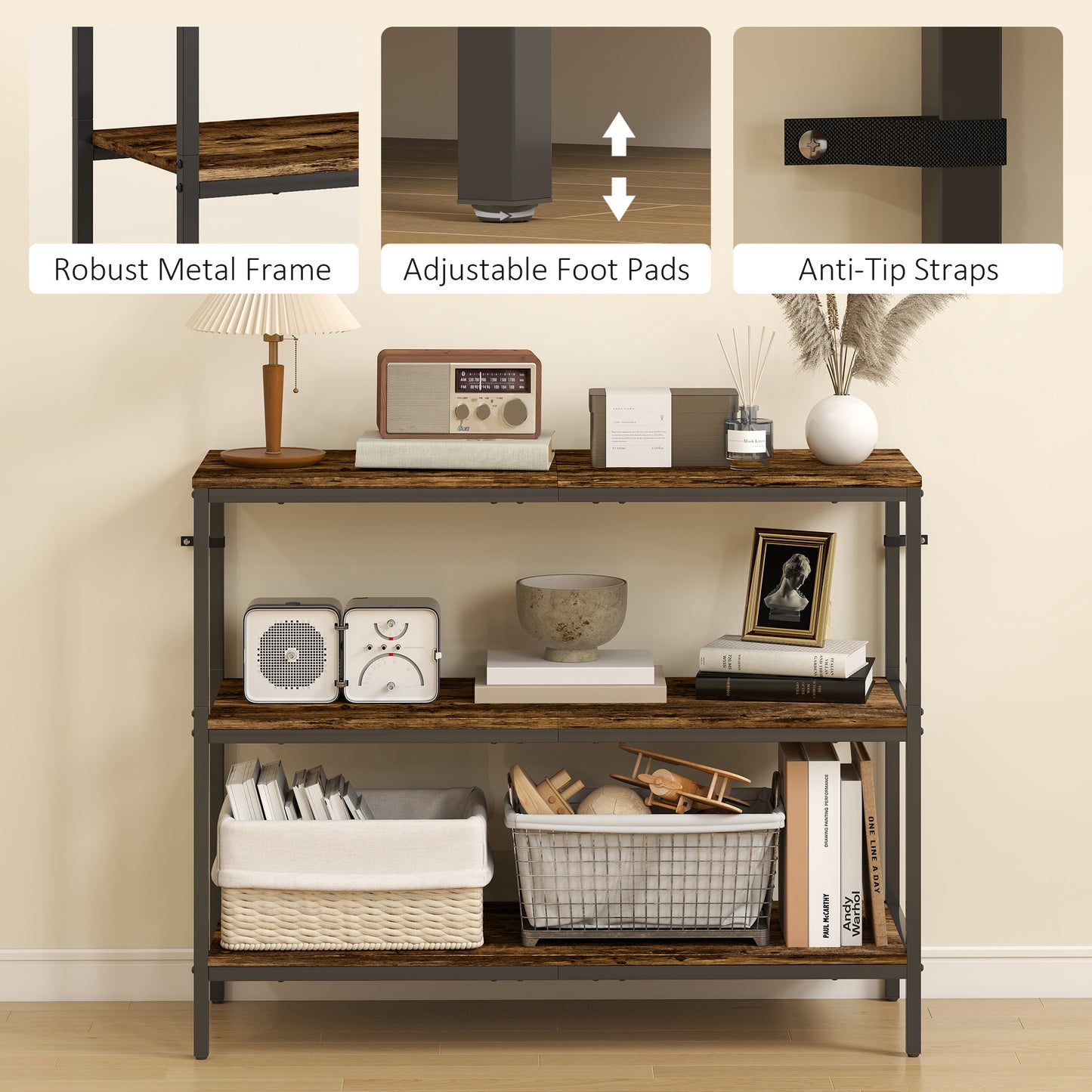 HOMCOM Rustic Brown 3 Tier Console Table With Storage Shelves For Entryway Industrial Black Frame