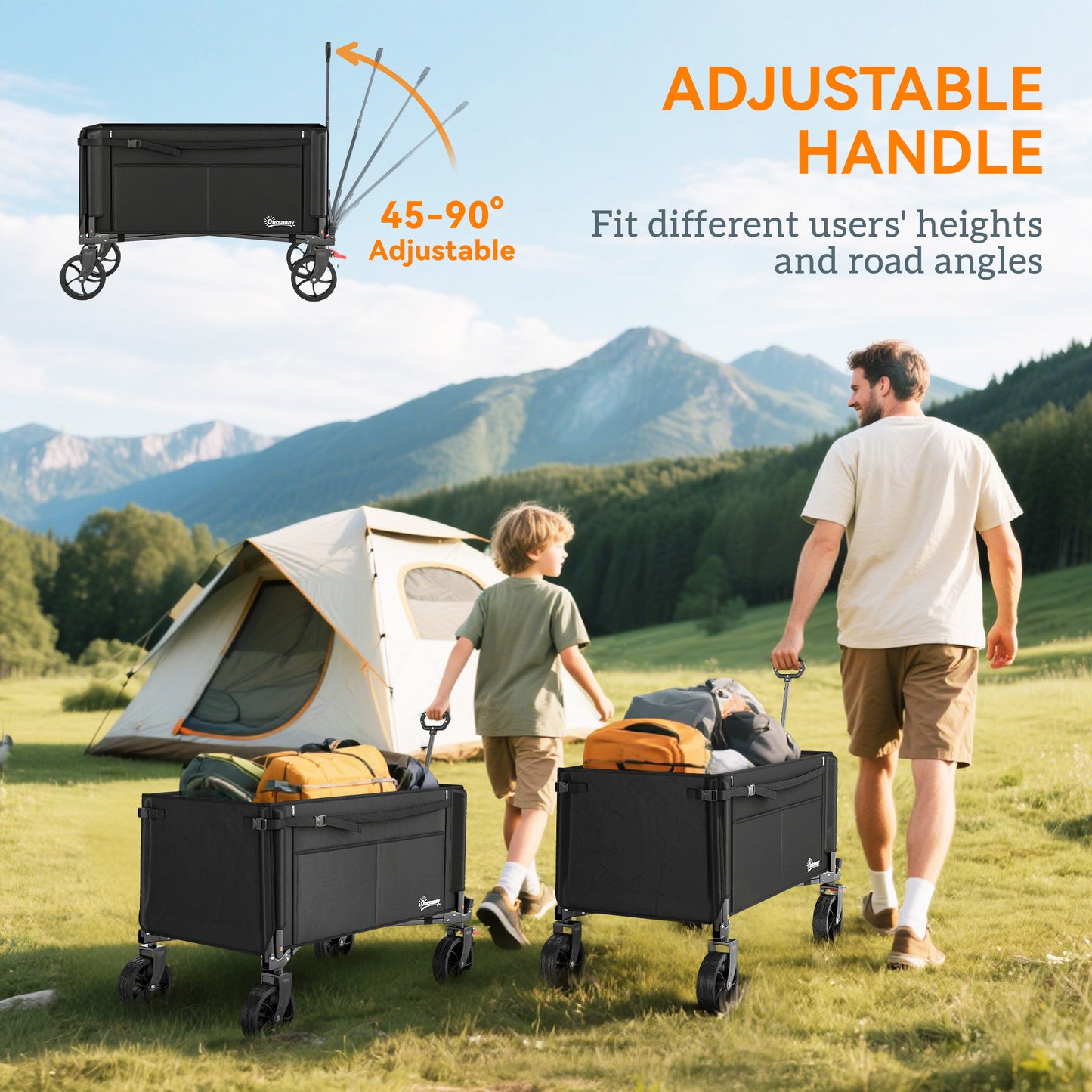 Outsunny Foldable Camping Trolley Cart 150L Open Sides Adjustable Handle Brakes For Shopping Beach Garden Fishing Black