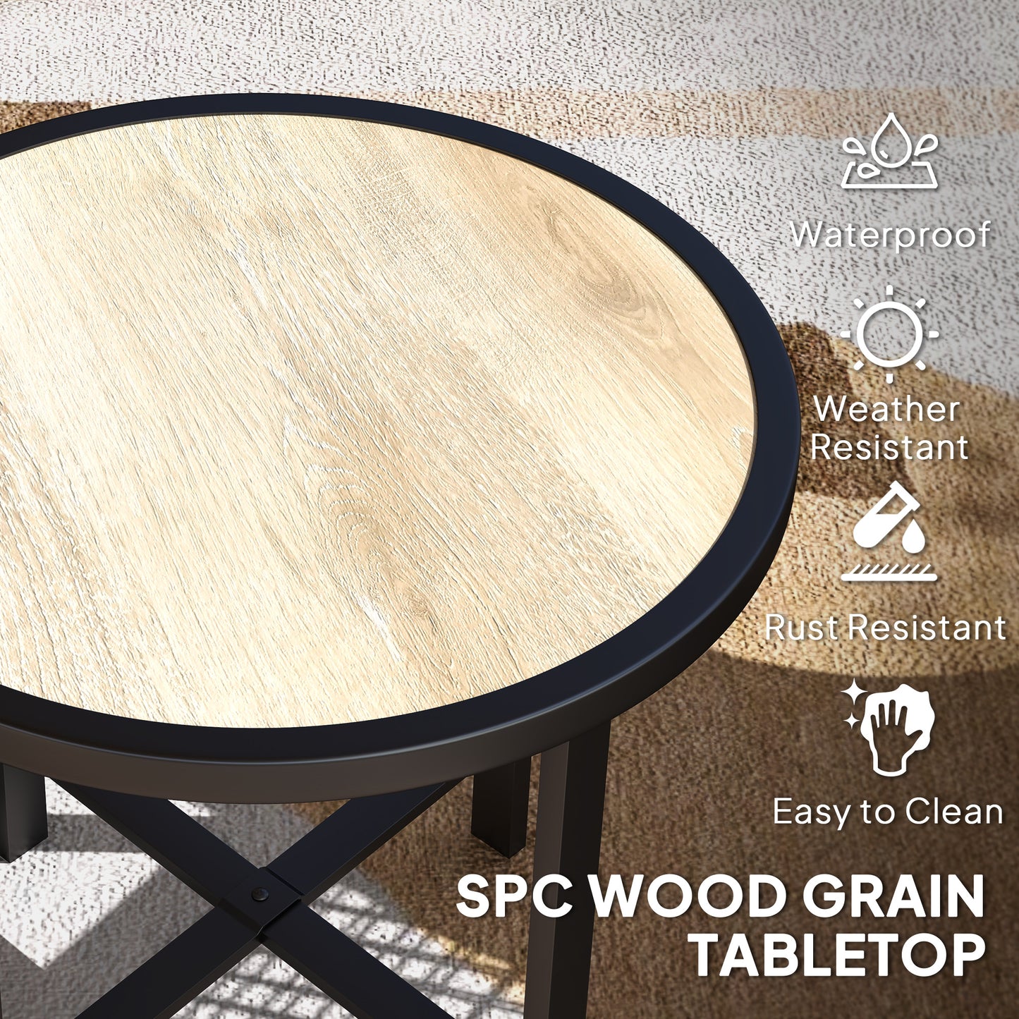 Outsunny Round Garden Table 50.5cm With SPC Tabletop And Metal Frame Anti Slip Feet Nature Wood Finish Outdoor Balcony