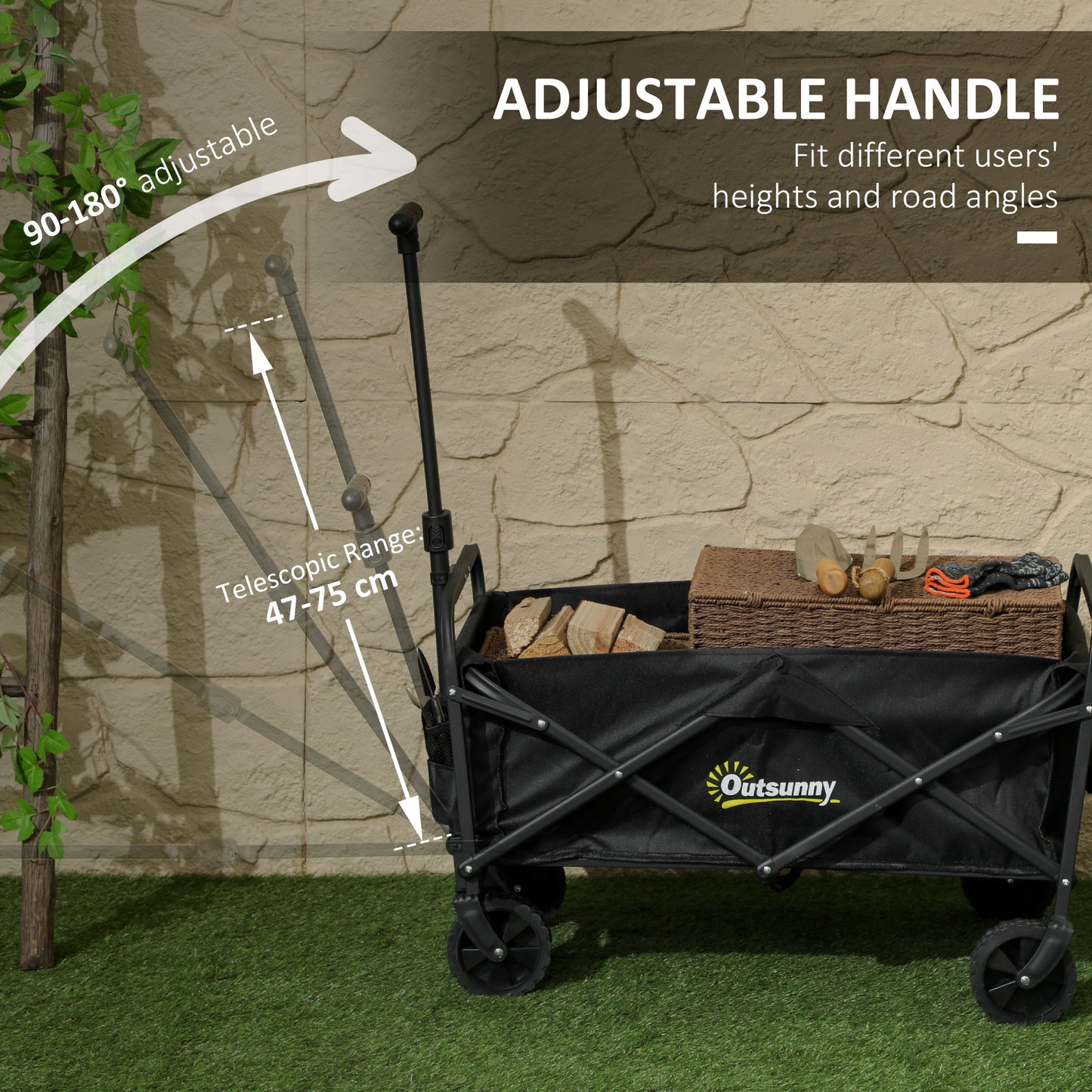 Outsunny 62L Festival Trolley On Wheels Beach Cart 120 Kg Heavy Duty Collapsible Wagon With Adjustable Handle Black