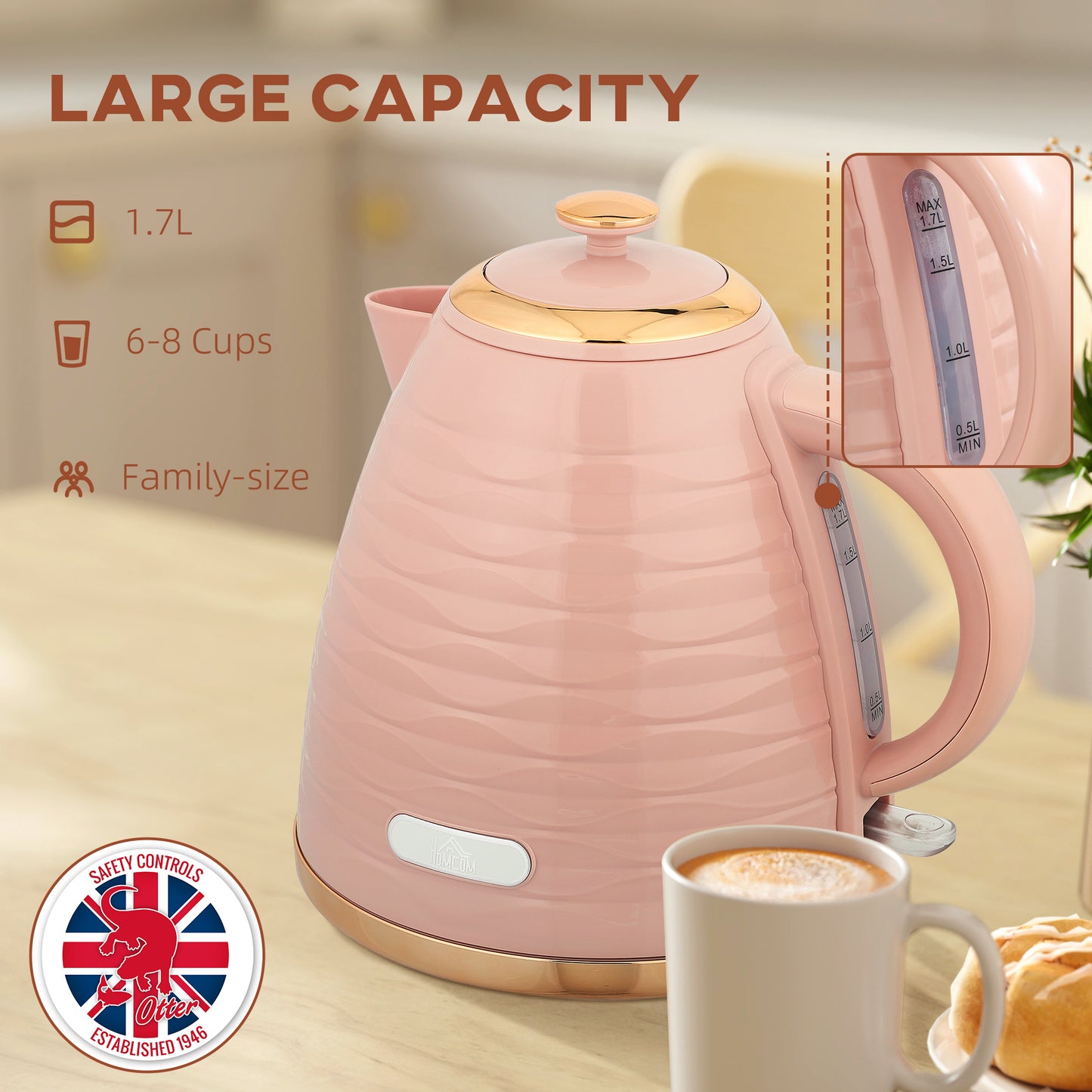 HOMCOM 3kW Rapid Boil Honeycomb Kettle In Pink With Boil Dry Protection For Fast Tea And Coffee