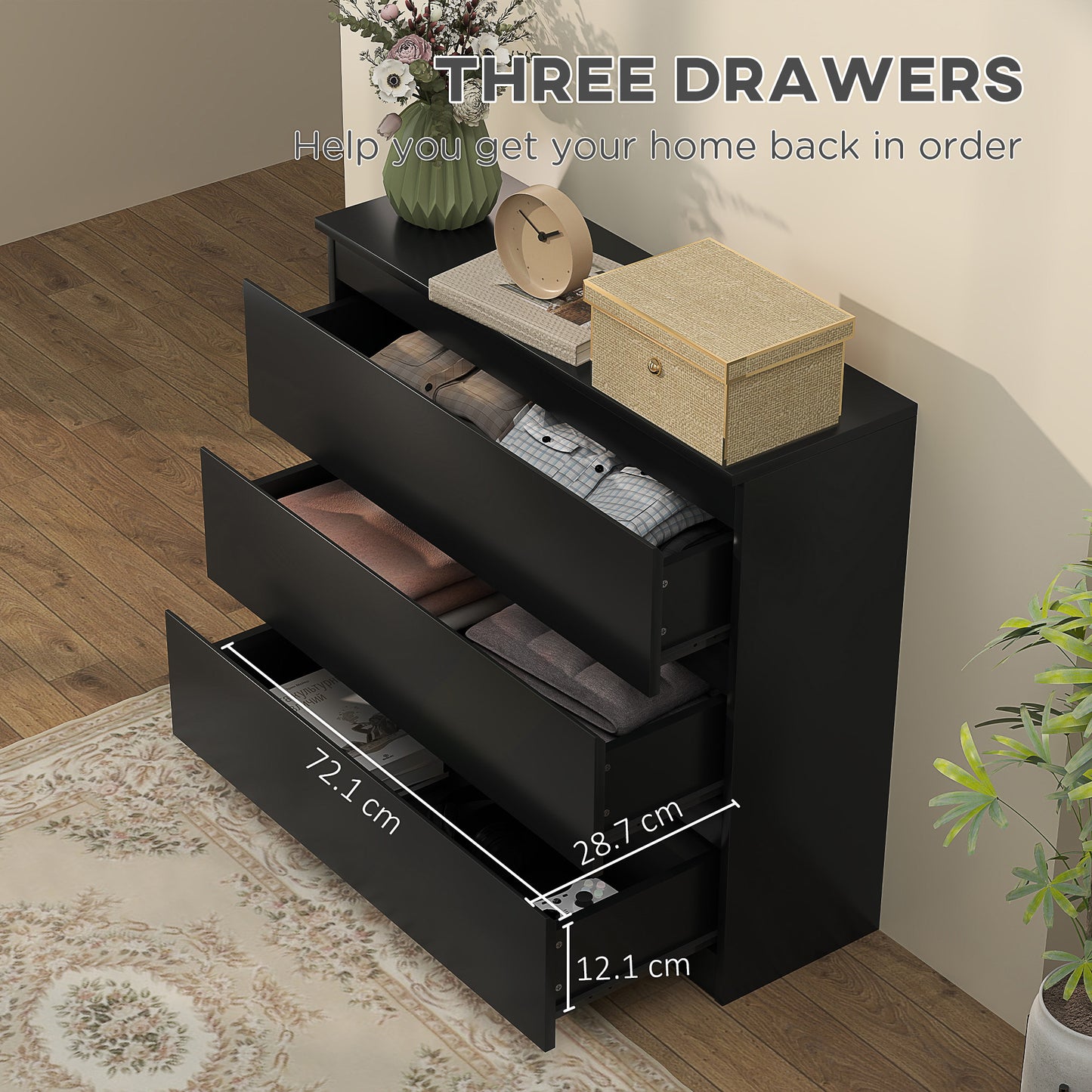 HOMCOM Chest Of Three Drawers Black Modern Dresser For Bedroom Storage And Organization