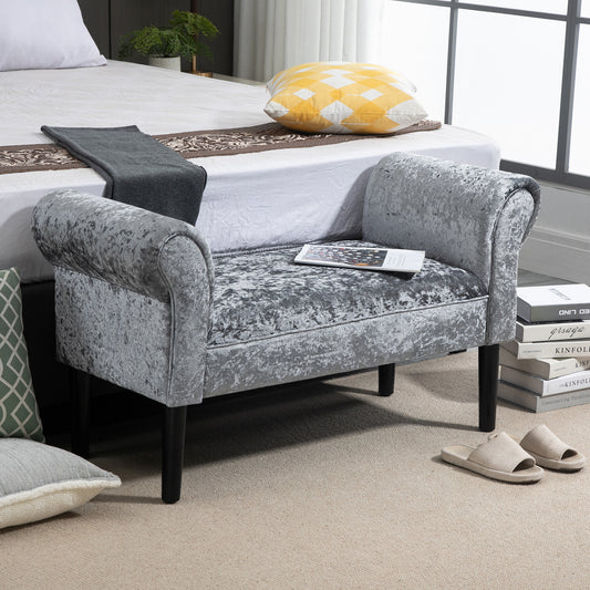 HOMCOMElegant Velvet Upholstered Bed End Bench with Armrests - Silver and Grey - ALL4U RETAILER LTD