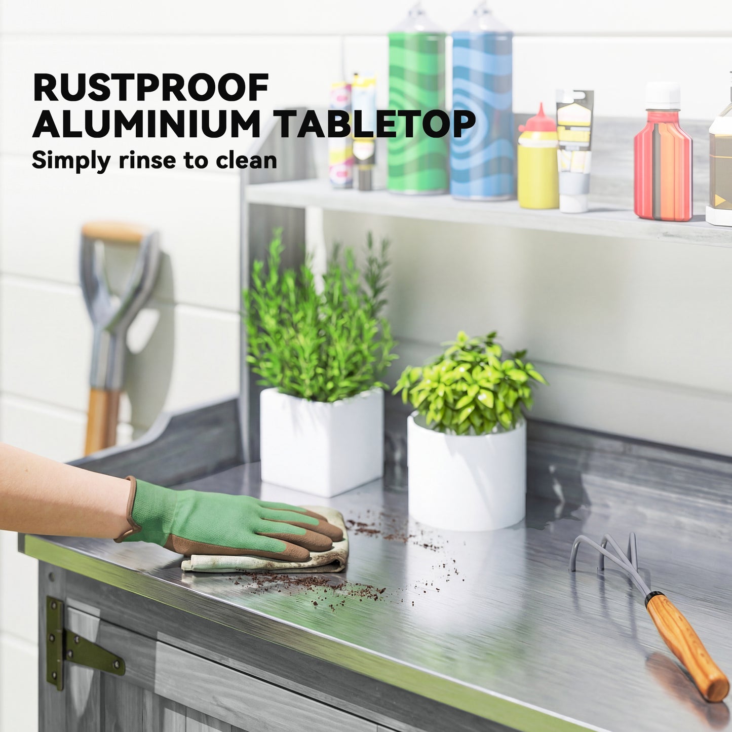 Outsunny Wooden Potting Bench Table With Aluminium Worktop Outdoor Garden Workbench Top Shelf And Cabinet Storage