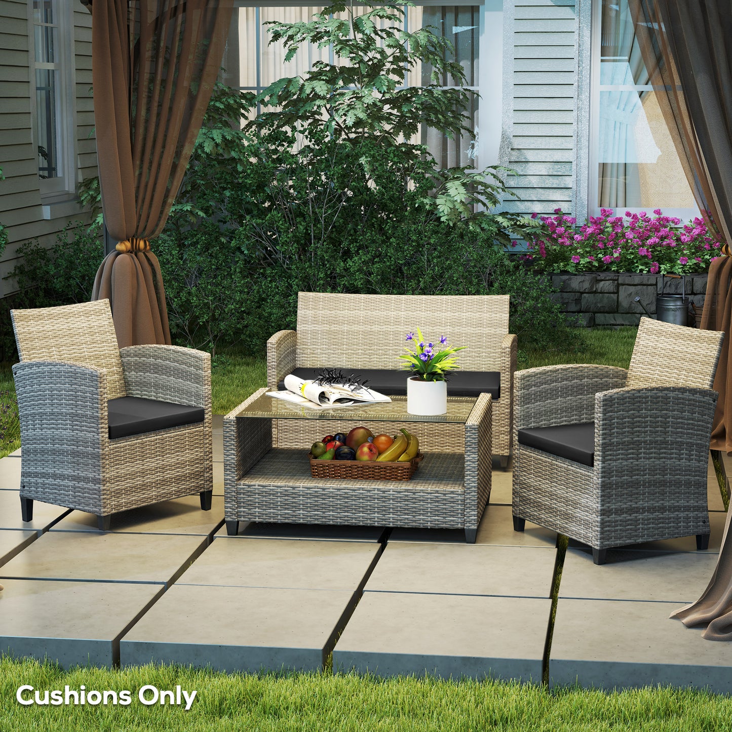 Outsunny Outdoor Seat Cushions For Rattan Furniture Black 3 Piece Set With Two Single Cushions And One Double Cushion