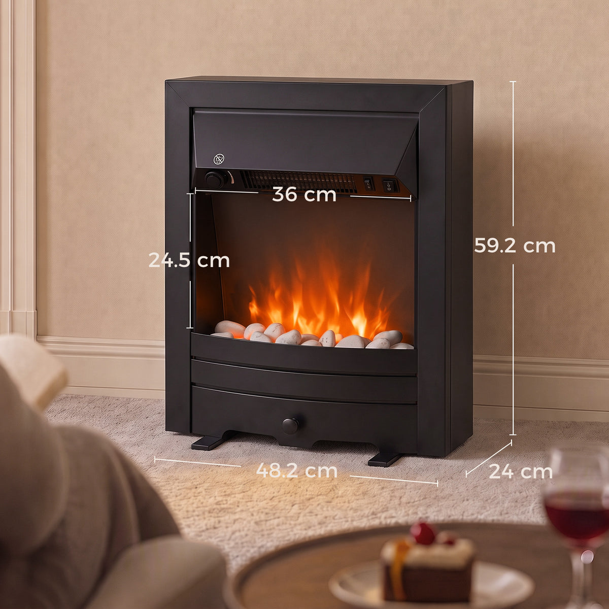 Black electric fireplace stove with LED flame window, freestanding base, and size dimensions
