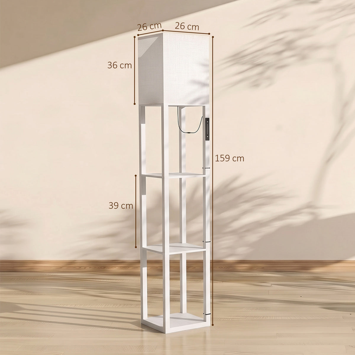 White floor lamp dimensions view, three-tier open shelves with central wiring