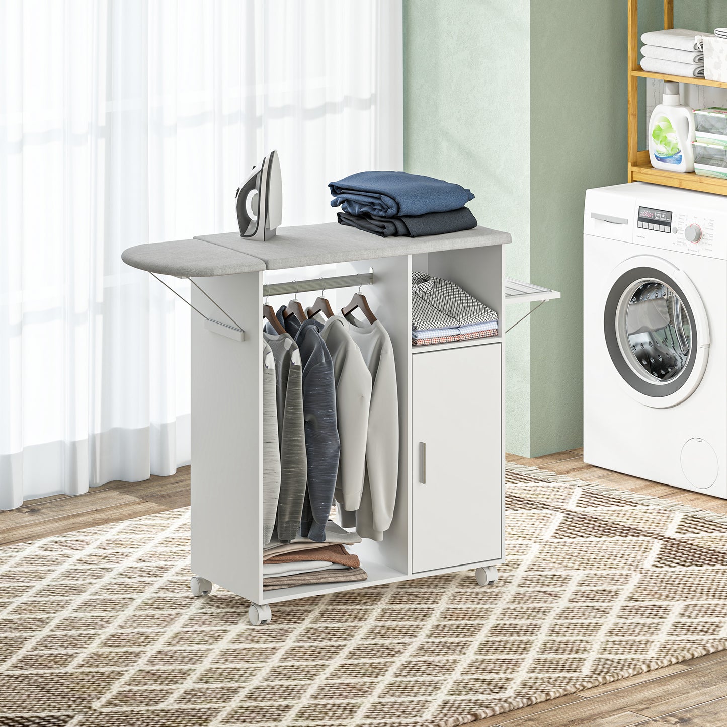 HOMCOM Rolling Ironing Board Cabinet With Foldable Top And Storage Wheeled Ironing Station For Home Laundry White