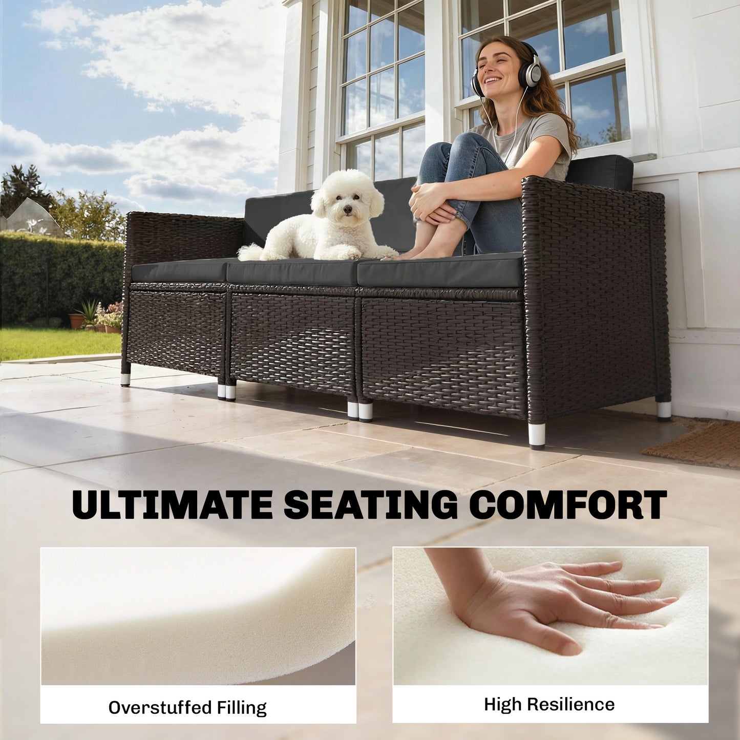 Outsunny 7 Piece Patio Furniture Cushions Outdoor Loveseat Cushion with Removable Covers for Rattan 60x60 cm Black