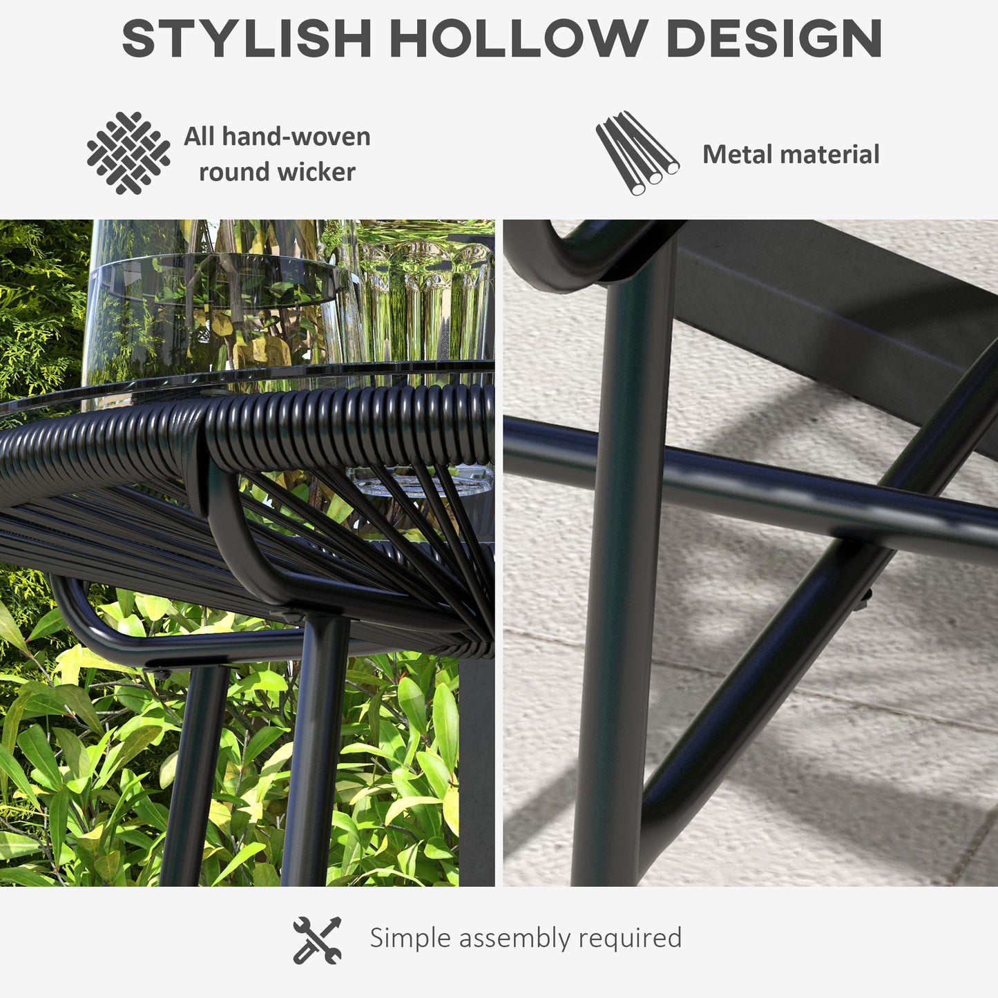 Outsunny Rattan Side Table Round Coffee Table With PE Rattan And Tempered Glass Top For Patio Garden Balcony Black