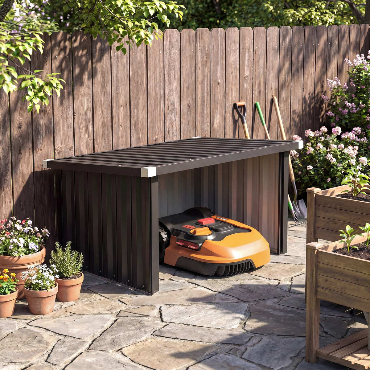 Robot mower storage shed with sloped roof, open front, orange-and-black robot mower inside