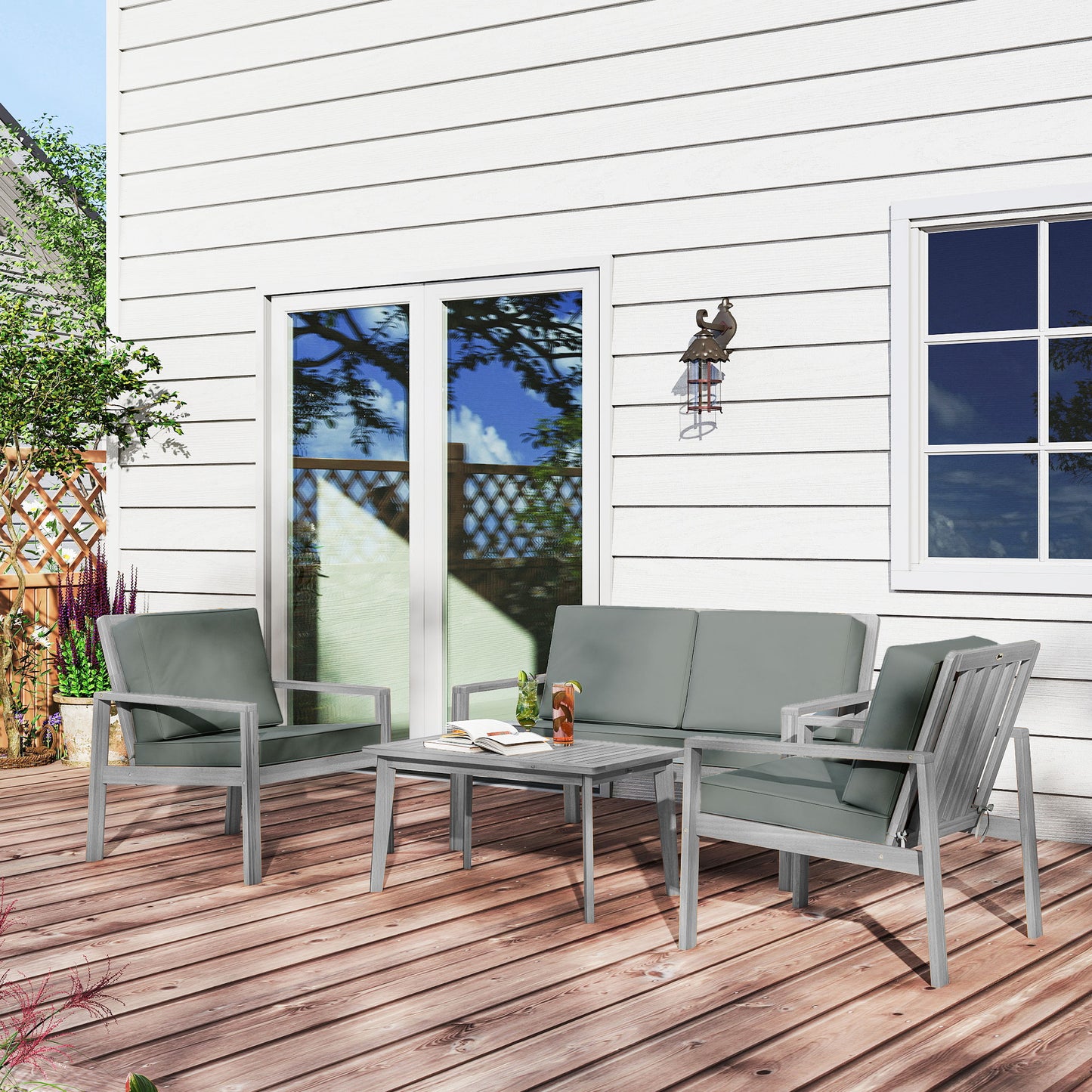 Outsunny 4 Piece Wooden Garden Furniture Set With Cushions In Light Grey For Patio