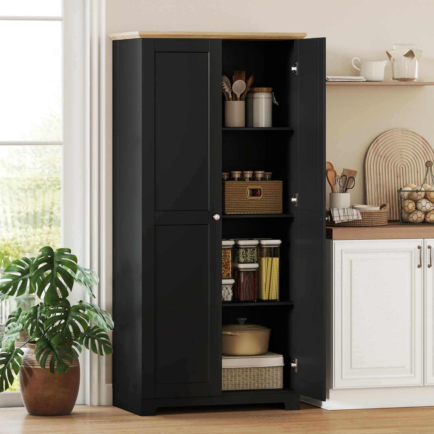 HOMCOM Kitchen Cupboard 172cm Freestanding Storage Cabinet With Doors And Four Shelves Black
