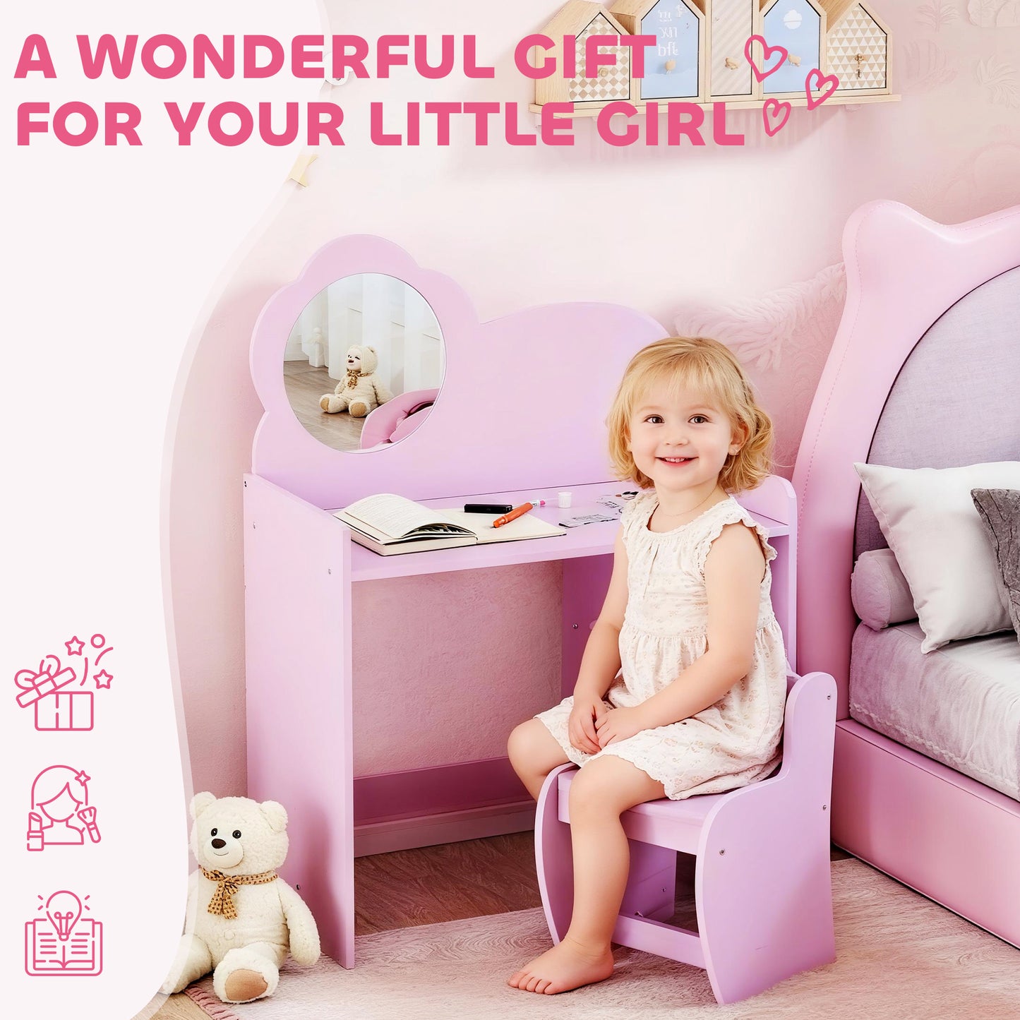 AIYAPLAY Kids Dressing Table With Mirror And Stool Vanity Table With Shelves For Ages 3 To 8 Purple