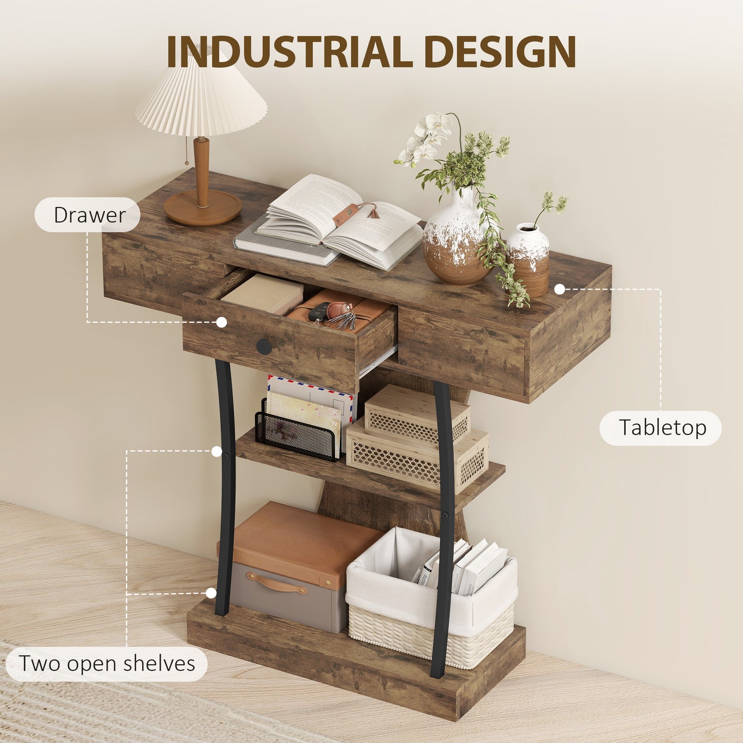 HOMCOM Console Table 3 Tier Industrial Hallway Table With Drawer And Storage Shelves Rustic Brown 91 32 87 cm
