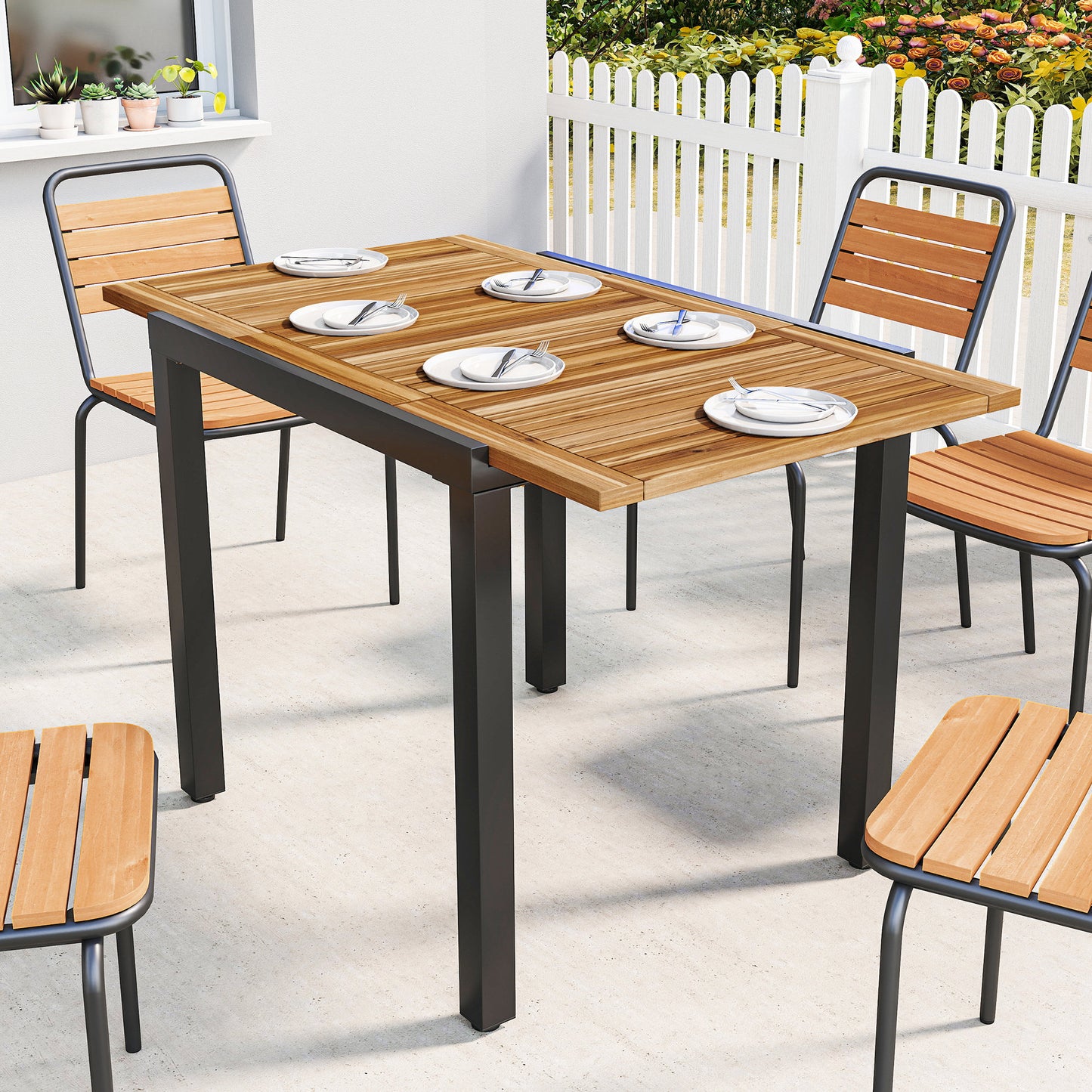 Outsunny Patio Dining Table Expandable Outdoor Table With Acacia Wood Top 80 To 120 Cm Natural And Black