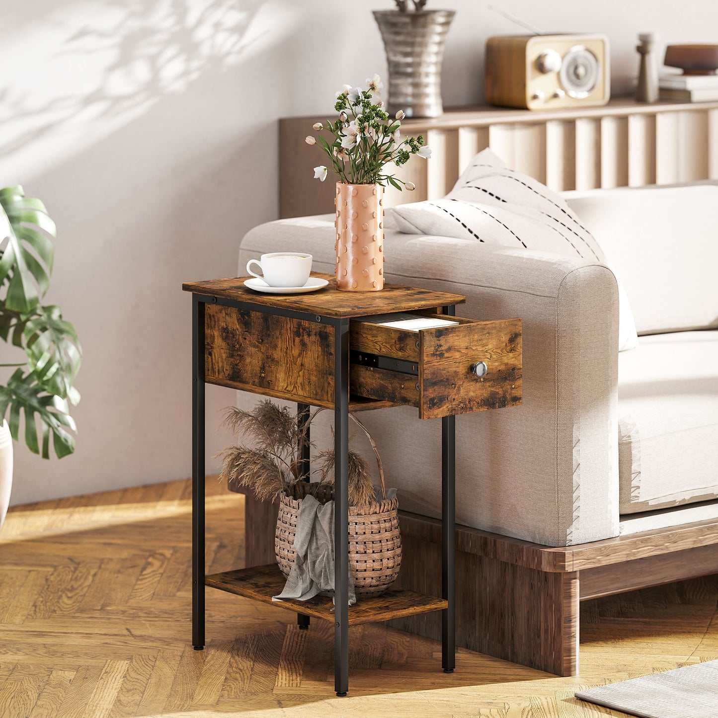 HOMCOM Narrow Side Table With Drawer And Storage Shelf Industrial Rustic Brown And Black Frame