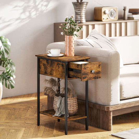 HOMCOM Narrow Side Table With Drawer And Storage Shelf Industrial Rustic Brown And Black Frame