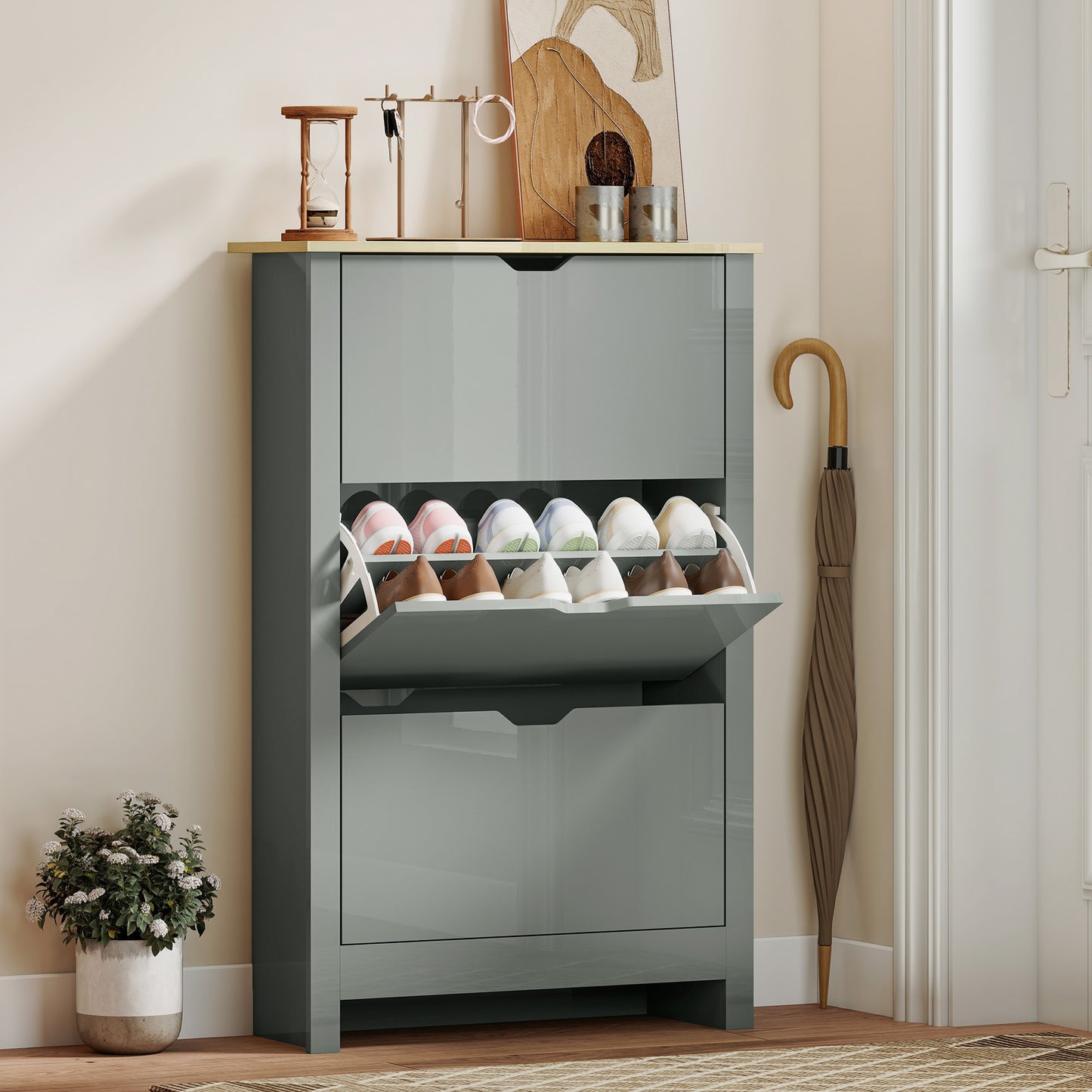 HOMCOM Slim Shoe Cabinet Narrow Cupboard With 3 Flip Drawers And Adjustable Shelves For 18 Pairs Of Shoes Light Grey