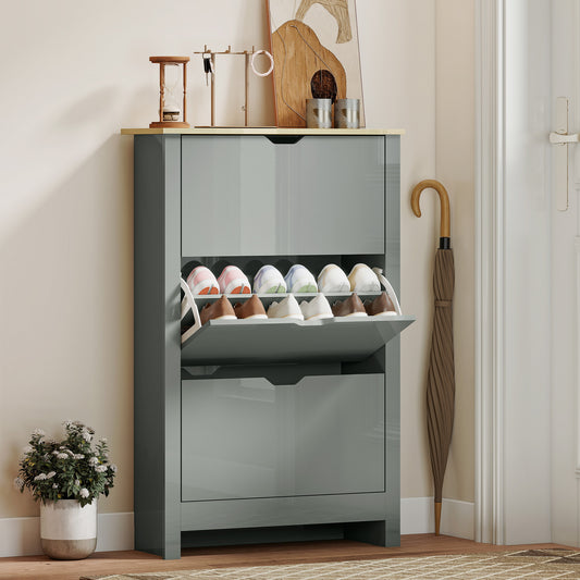 HOMCOM Slim Shoe Cabinet Narrow Cupboard With 3 Flip Drawers And Adjustable Shelves For 18 Pairs Of Shoes Light Grey