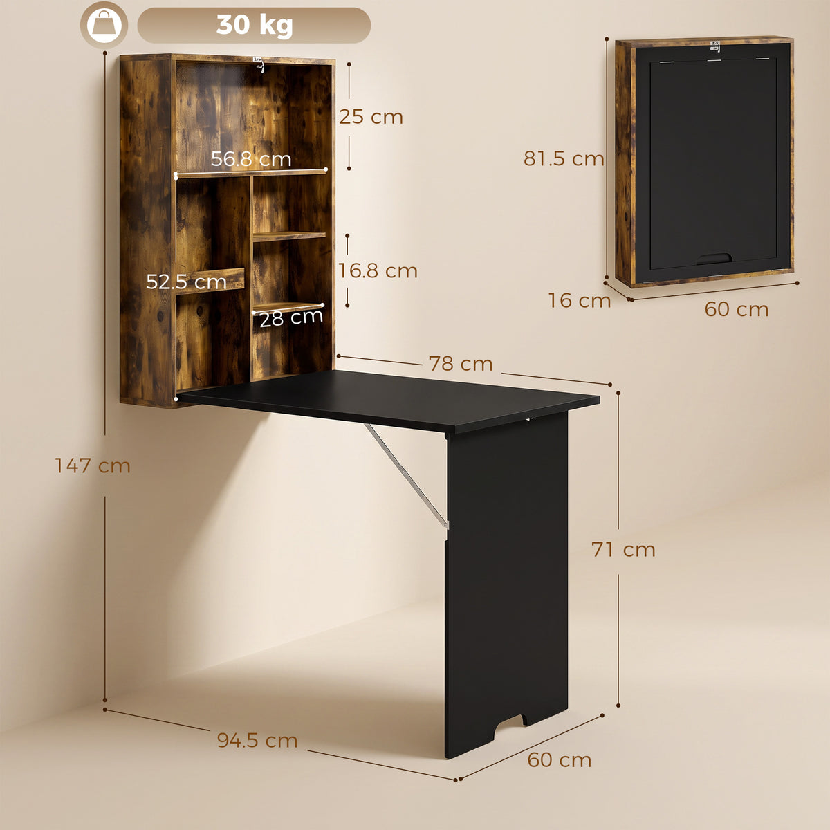 HOMCOM Wall Mounted Folding Drop Leaf Table With Chalkboard And Storage Shelf