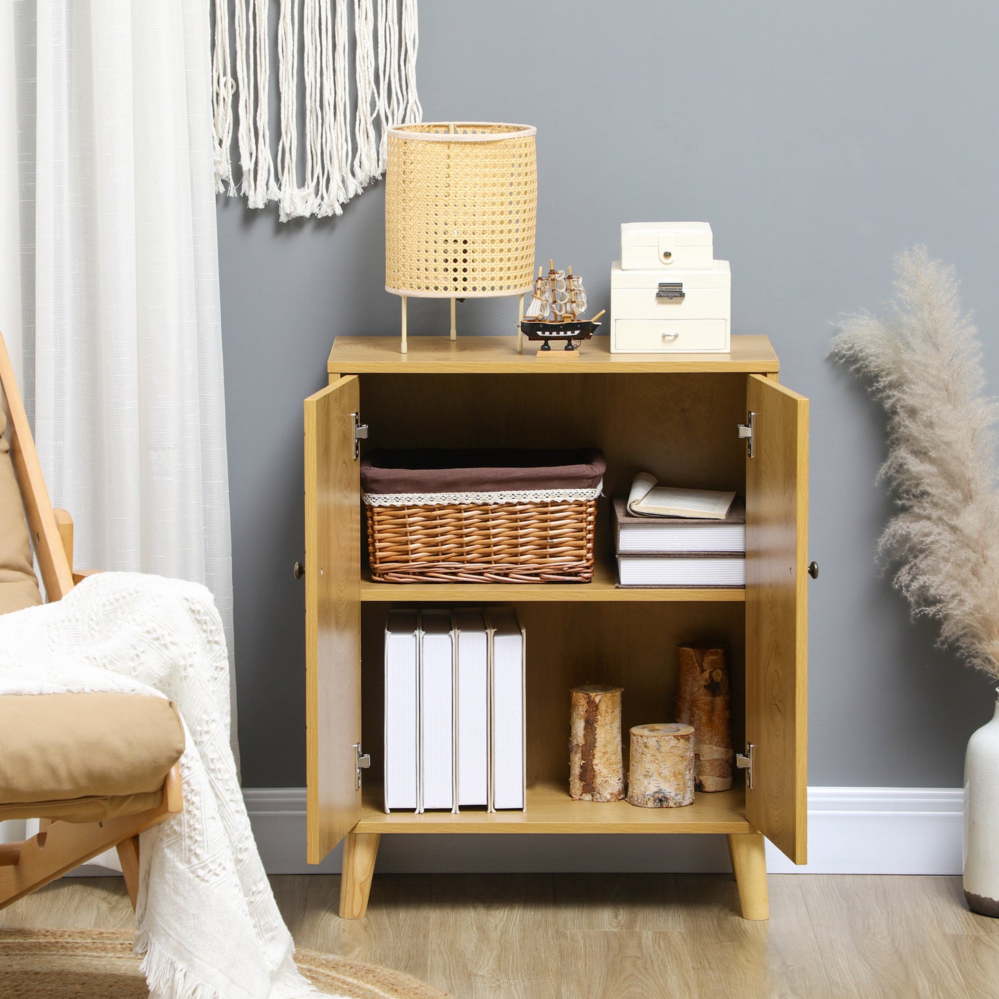 HOMCOM Classic Vintage Sideboard with Chevron Doors and Pine Legs, Natural Wood Finish - ALL4U RETAILER LTD