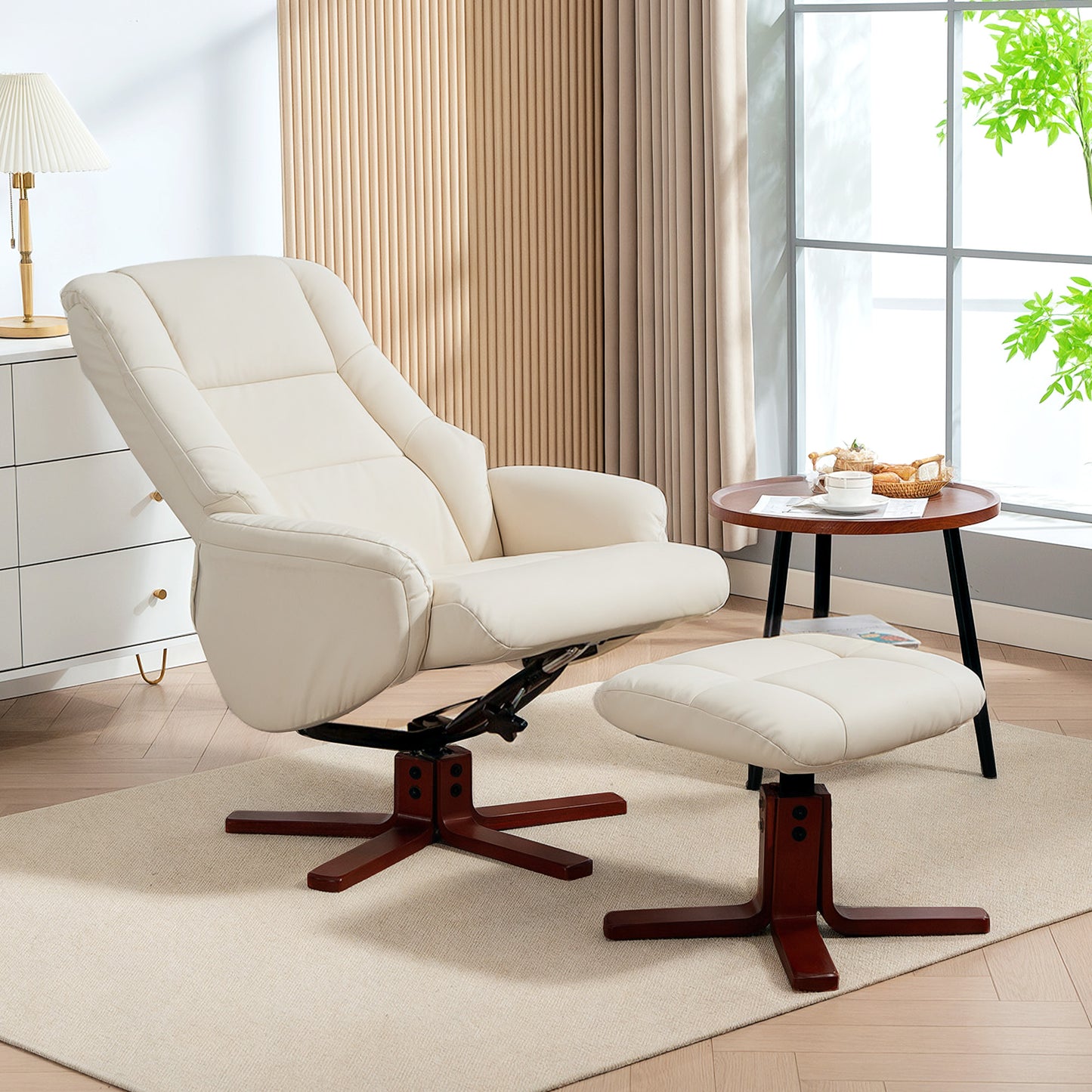 HOMCOM Rocking Recliner Chair With Footstool In Cream PU Leather For Living Room And Bedroom With Wood Base