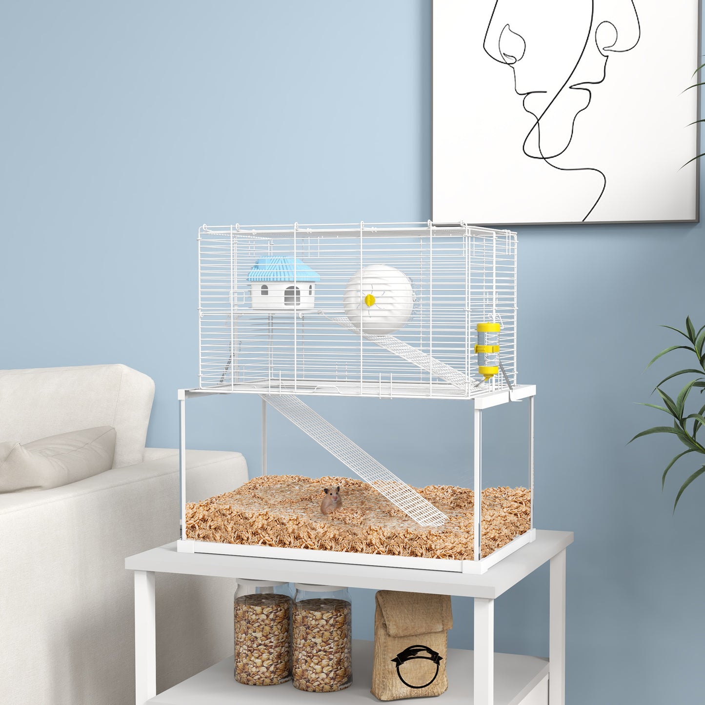 PawHut Three-Level White Gerbil and Dwarf Hamster Cage with Glass Base, Exercise Wheel, Ramp, and Hut - ALL4U RETAILER LTD