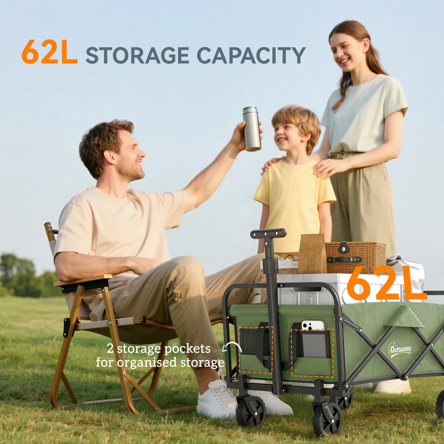 Outsunny 62L Festival Trolley On Wheels Garden Folding Cart Adjustable Handle 120Kg Heavy Duty Collapsible Wagon