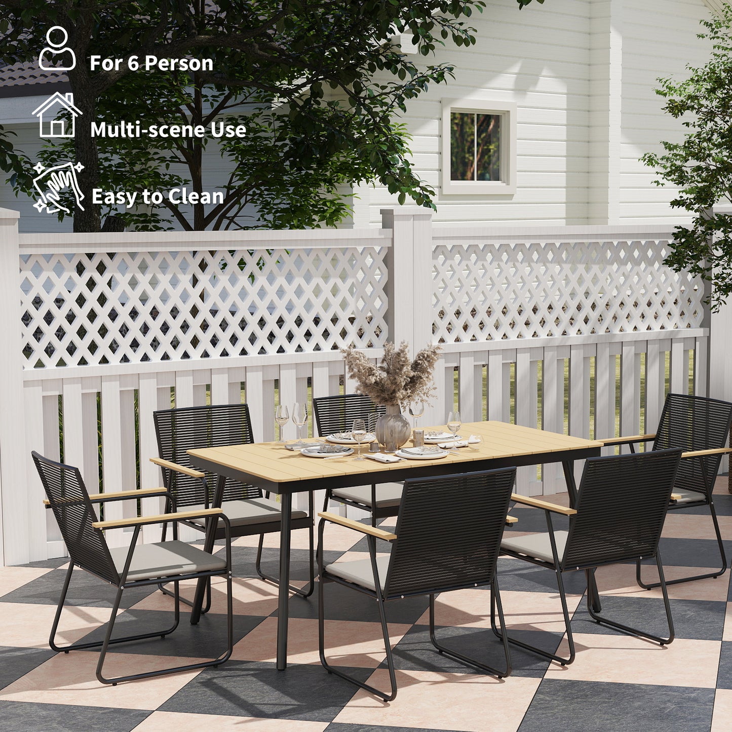 Outsunny 6 Seater Garden Dining Set With Cushions And Rattan Backrests Rectangular Plastic Top Outdoor Patio Furniture