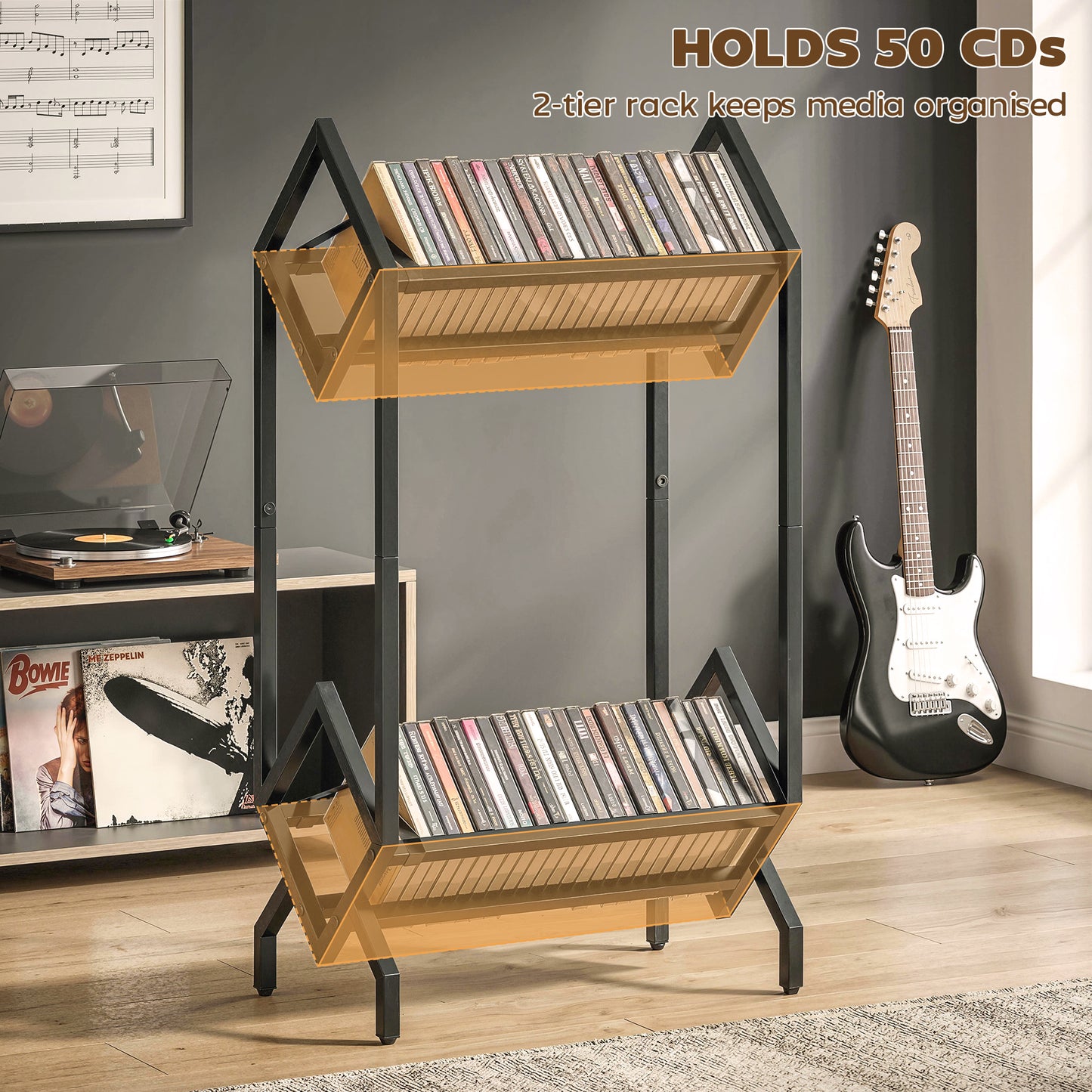 HOMCOM 50 CD Storage Rack 2 Tier Metal CD Organizer Free Standing Easy to Assemble Black