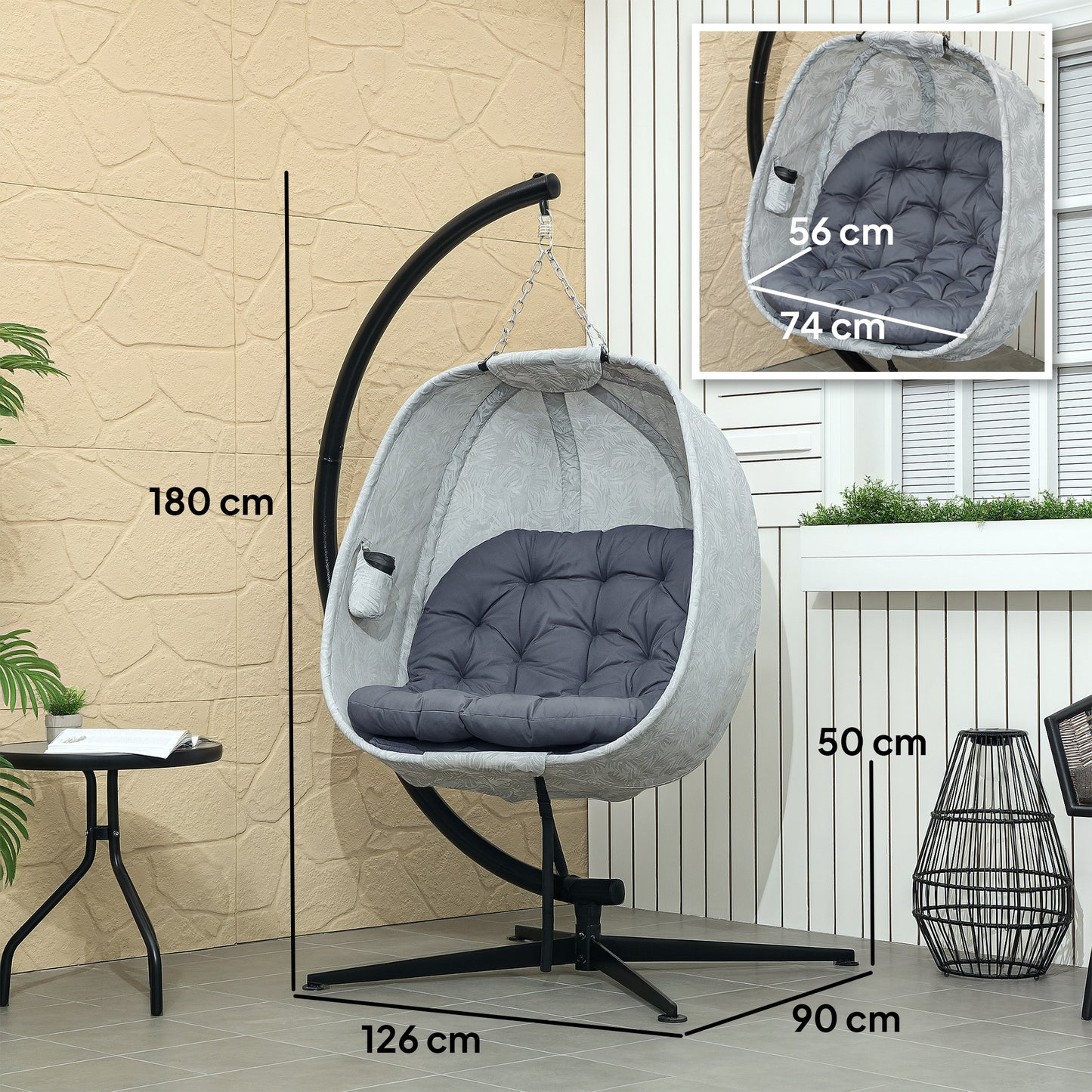 Outsunny Hanging Egg Chair With Stand Folding Basket Thickened Cushion Cup Holder For Patio Balcony Grey