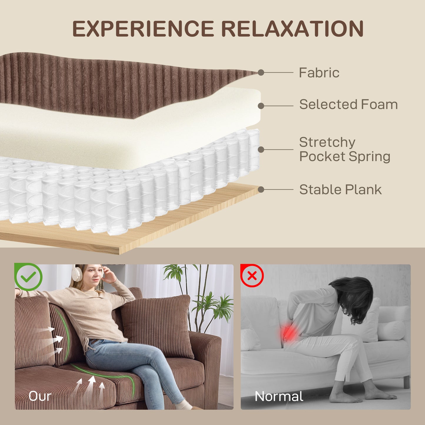HOMCOM Modern 3 Seater Sofa With Spring Cushion 212 cm Fabric Jumbo Corduroy Couch With Scatter Cushions For Living Room