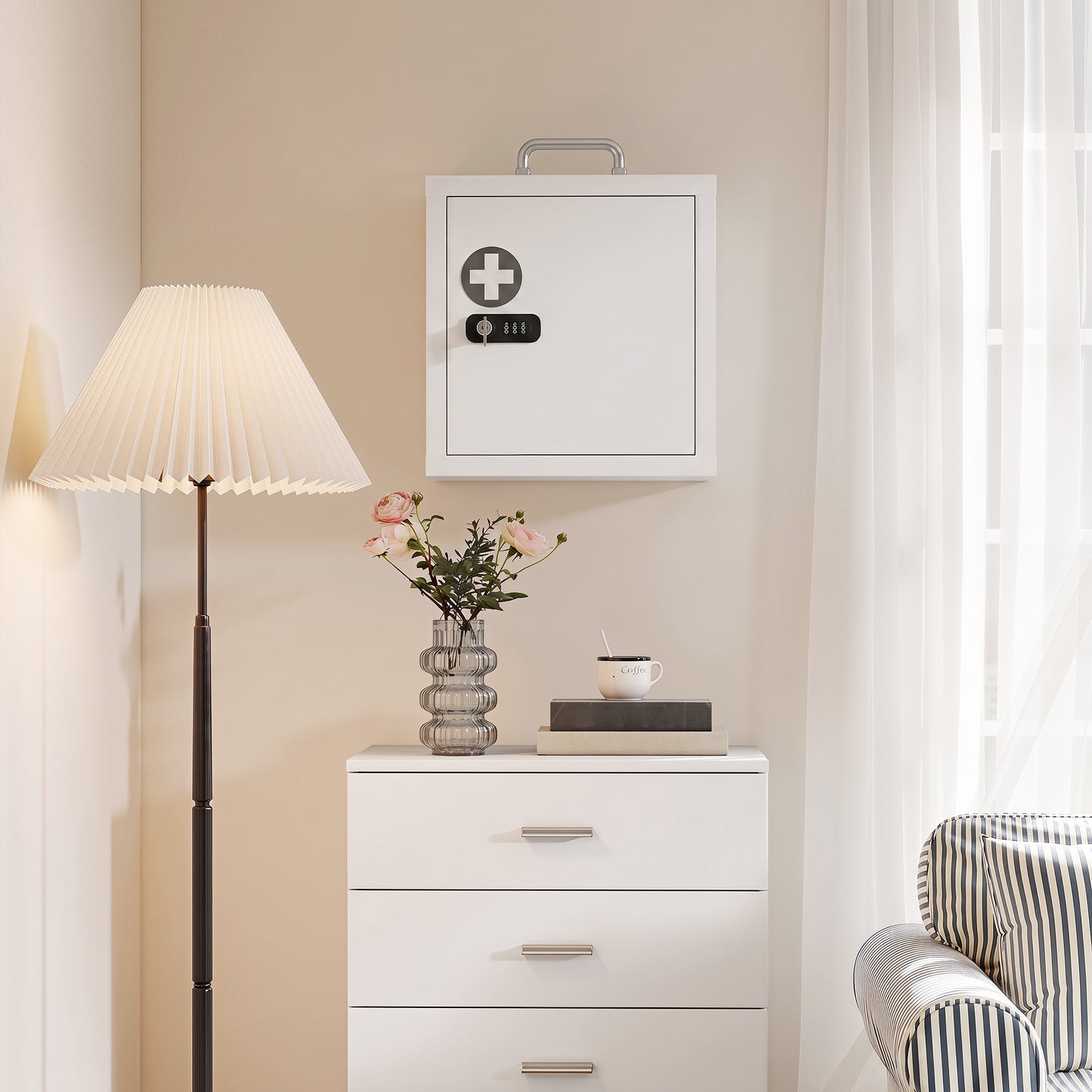 HOMCOM Wall Mount Medicine Cabinet with Dual Lock and Key 2 Tier Stainless Steel First Aid Organizer White