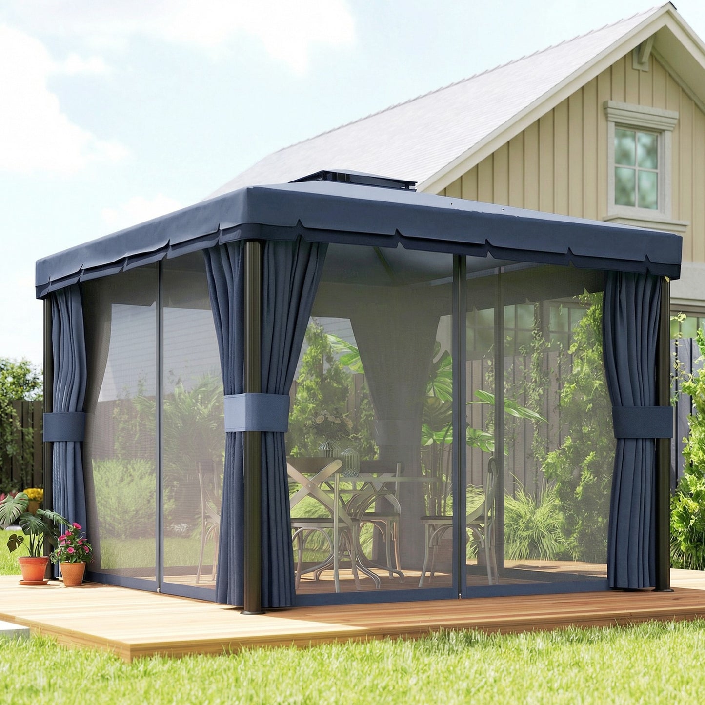 Outsunny 3x3m Patio Gazebo Canopy Garden Pavilion Tent Shelter Marquee With 2 Tier Roof Netting Curtains Dark Blue