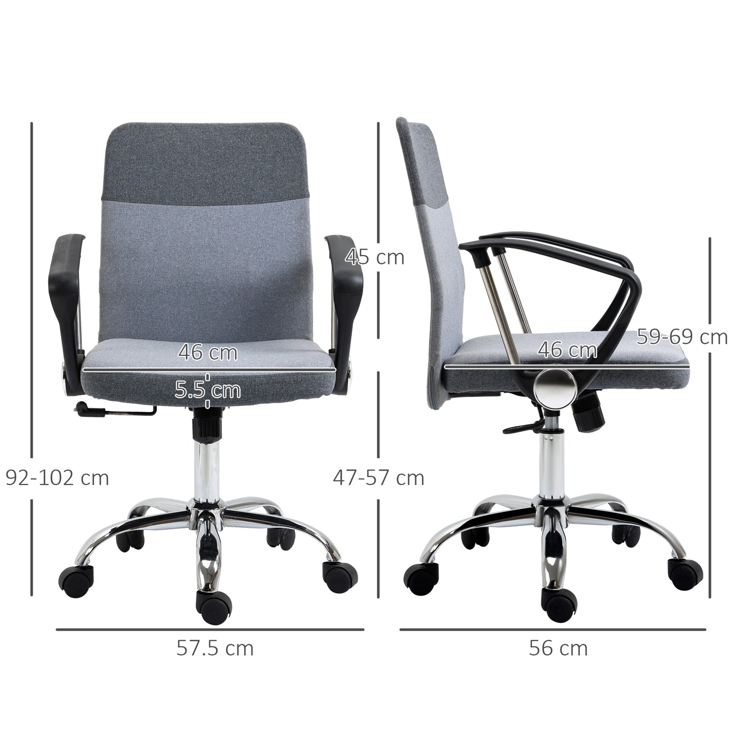 Vinsetto Adjustable Ergonomic Swivel Office Chair with Linen Fabric: Comfortable Desk Seating on Wheels for Home and Office, Grey - ALL4U RETAILER LTD