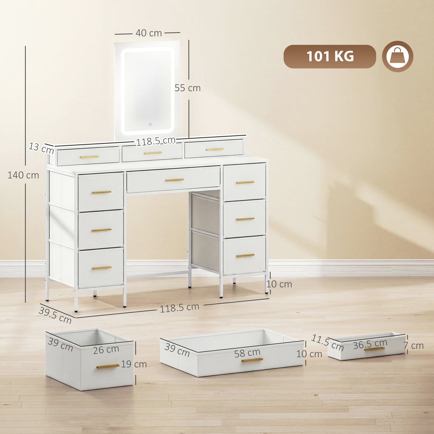 HOMCOM Multi Storage Elegant Dressing Table With LED Mirror In White Finish And Gold Tone Handles