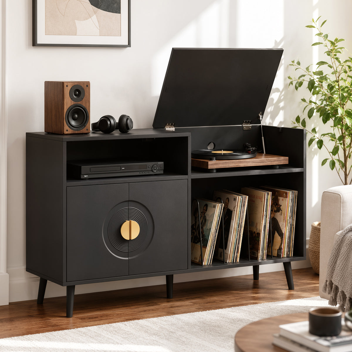 HOMCOM Record Player Stand with Vinyl Storage for 300 Albums and Flip Top