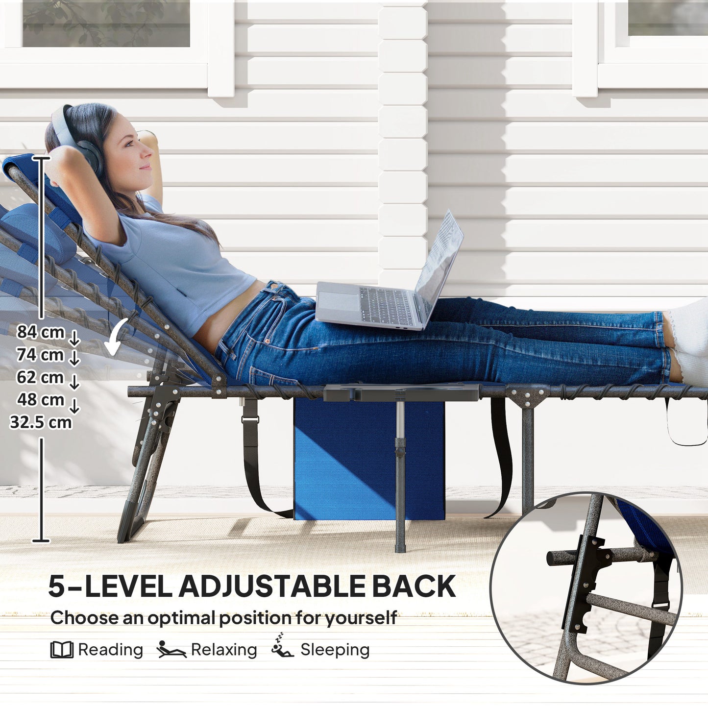 Outsunny Five Position Reclining Sun Lounger Dark Blue Patio Adjustable Lounger With Powder Coated Steel Frame