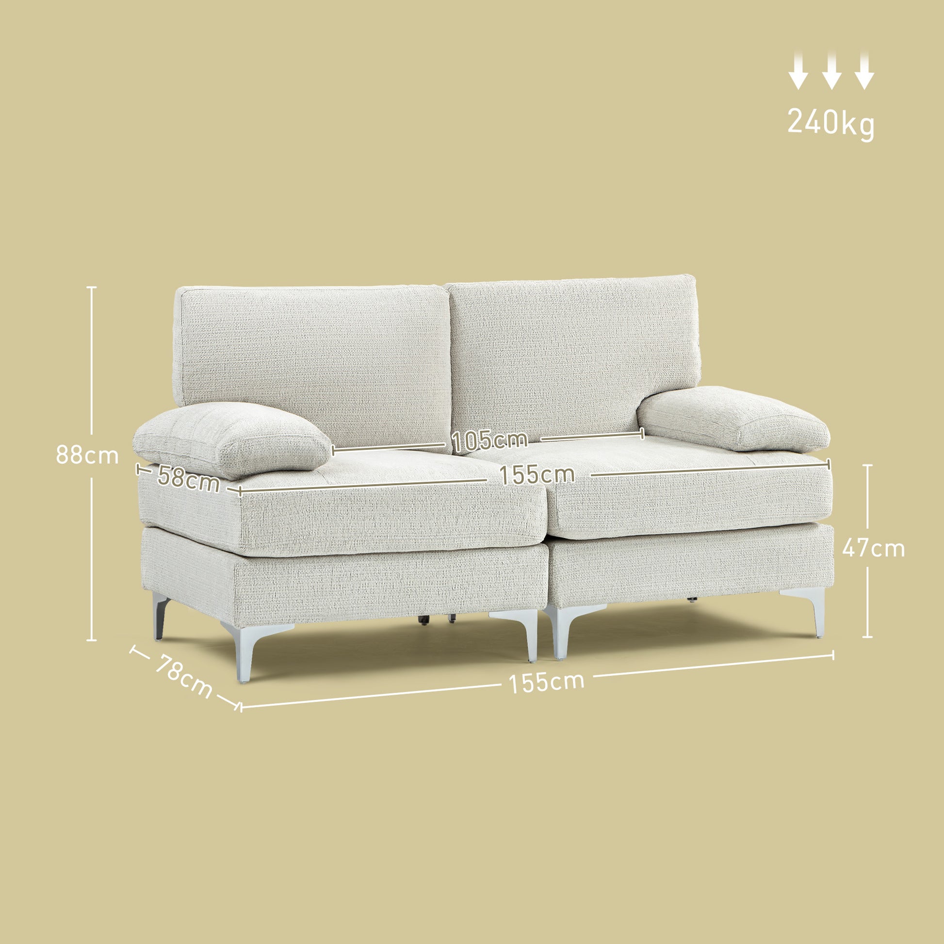 HOMCOM Contemporary Cream White Loveseat Sofa with Spring Cushions and Sturdy Metal Legs - ALL4U RETAILER LTD